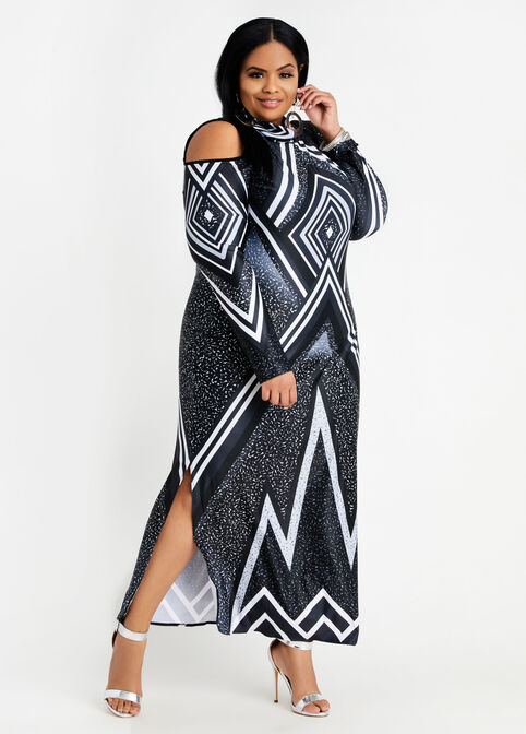 Tall Geo Cold Shoulder Slit Dress, Black Combo image number 0