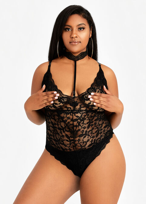 Lace Choker Cheeky Bodysuit, Black image number 0