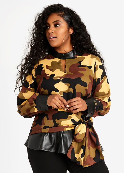 Faux Leather Trim Camo Blouse, Military Olive image number 0