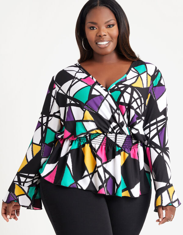 Abstract Print Faux Wrap Blouse, Acai image number 0