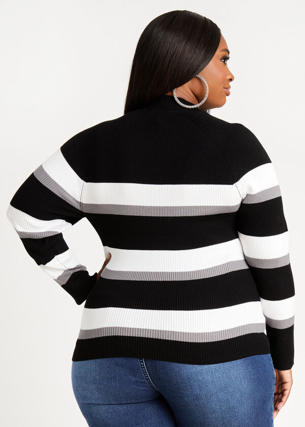 Stripe Mock Neck Cutout Sweater, Black White image number 1