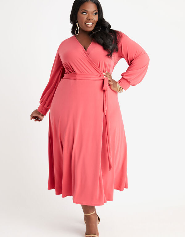Belted Wrap Knit Maxi Dress, Coral image number 0