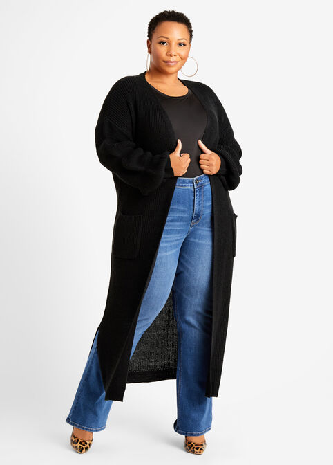 Puff Sleeve Open Front Cardigan, Black image number 0