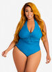 Trendy Plus Size Sun & Sea Halter Zip Front Tummy Control 1pc Swimsuit image number 0