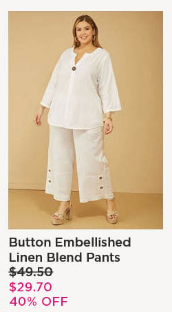 Button Embellished Linen Blend Pants