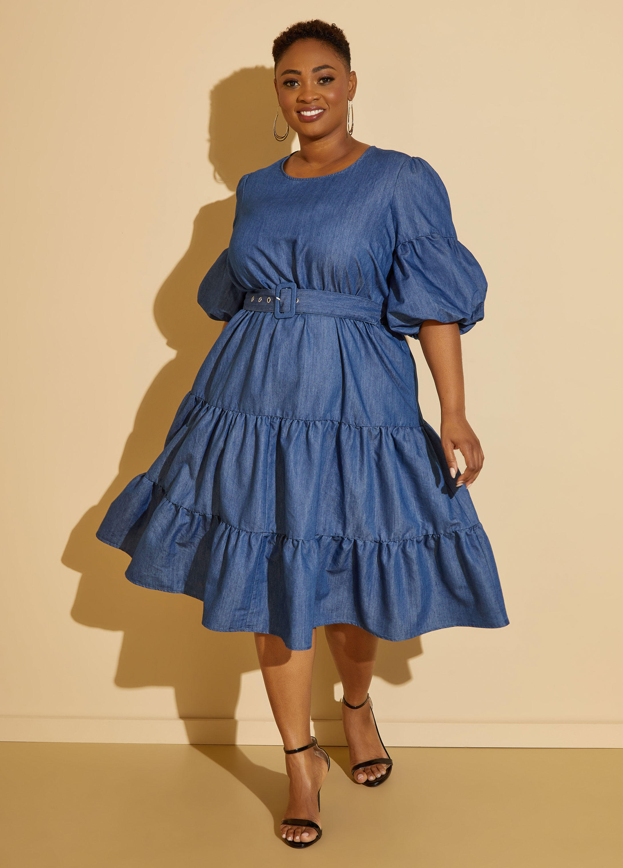 Plus Size Puff Sleeved Chambray Dress, BLUE, 12 - Ashley Stewart