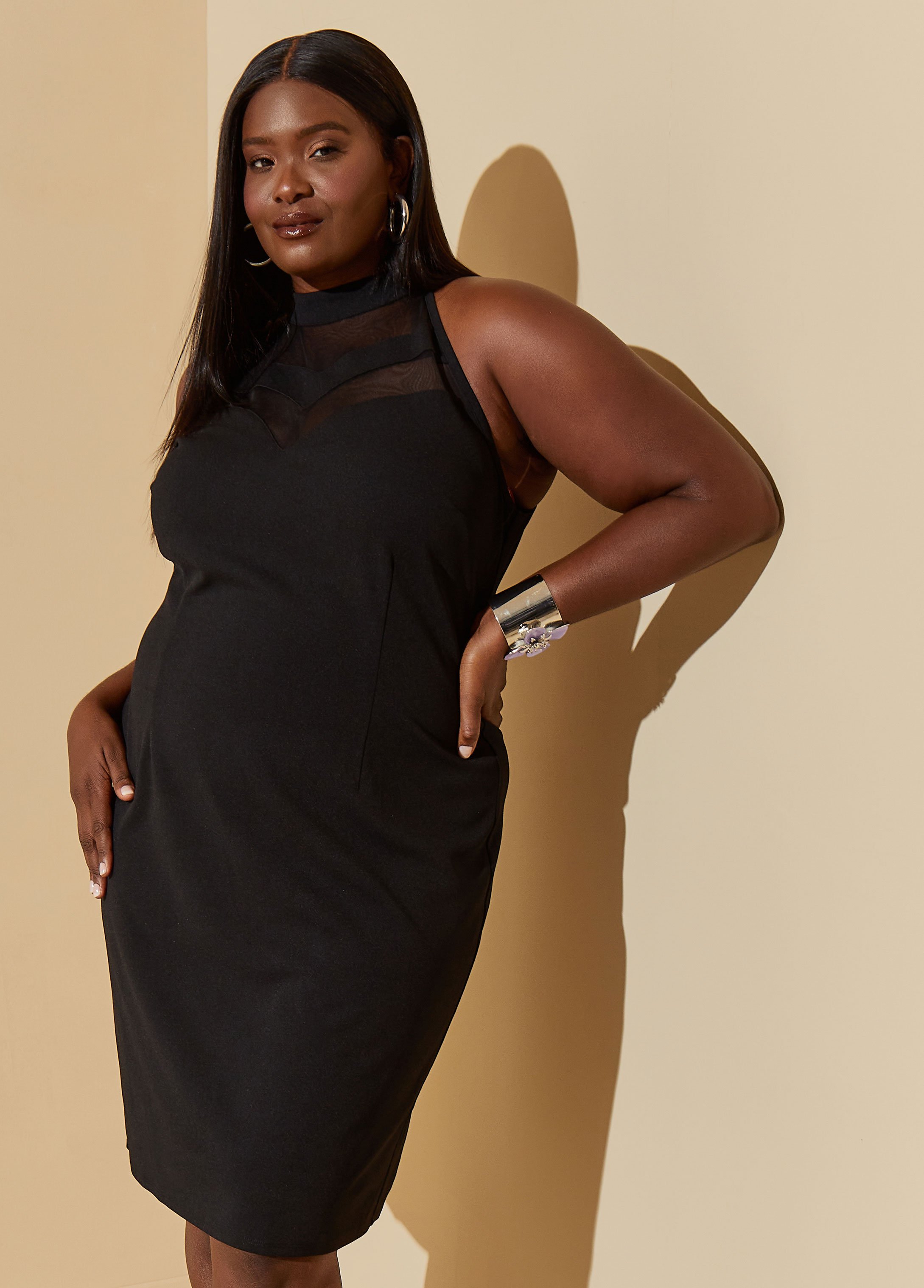 Plus Size High Collar Paneled Bodycon Dress, BLACK, 30/32 - Ashley Stewart
