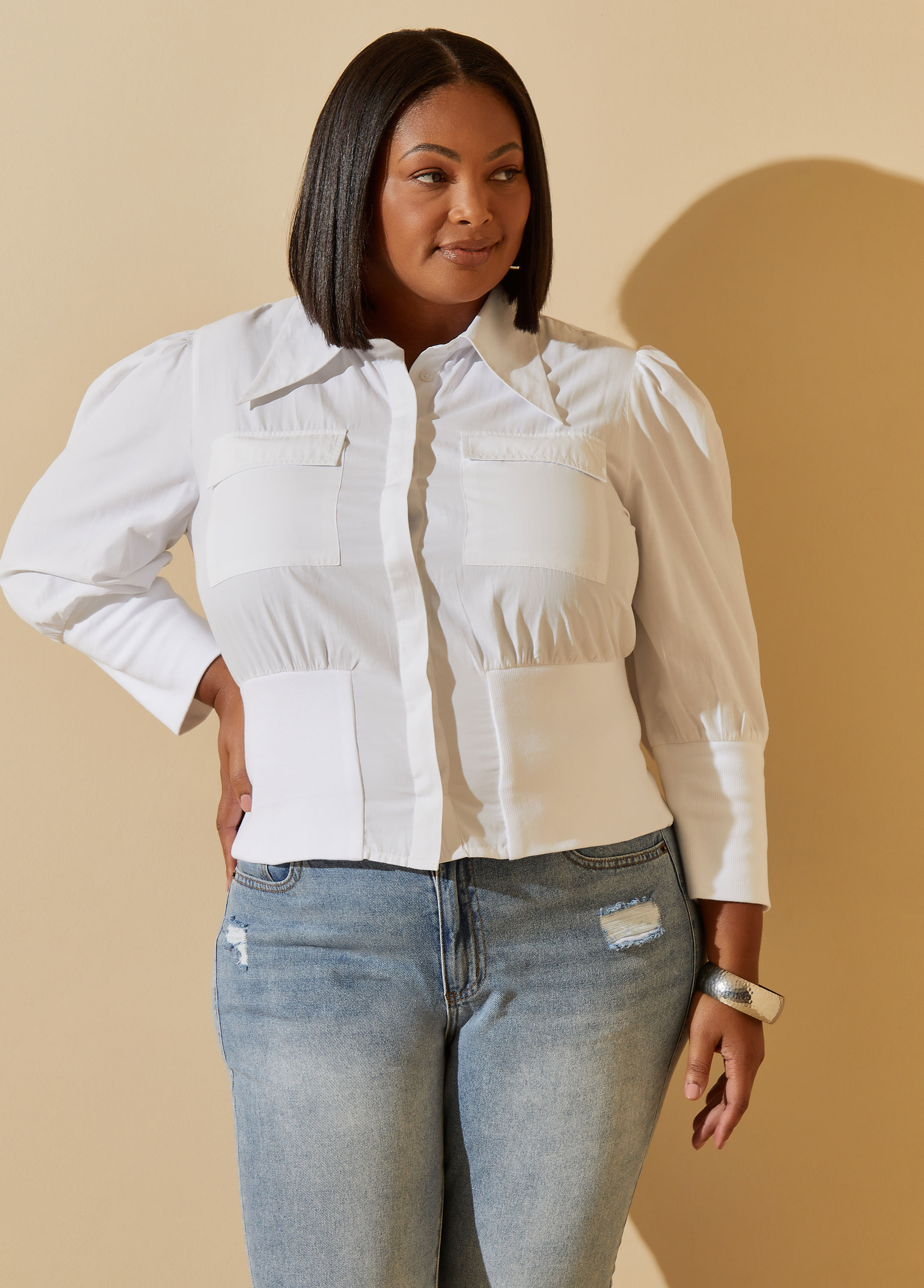 Plus Size Paneled Cotton Blend Shirt, WHITE, 30/32 - Ashley Stewart