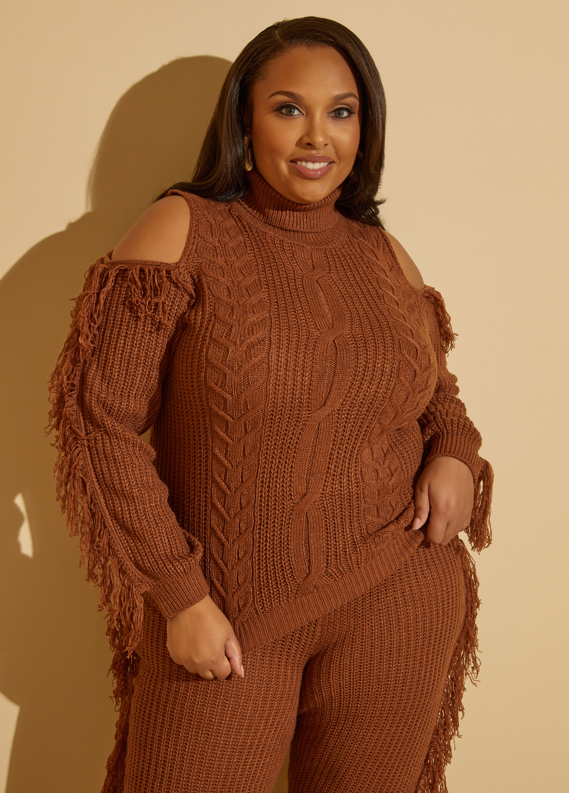 Plus Size Fringed Cable Knit Sweater, BROWN, 34/36 - Ashley Stewart