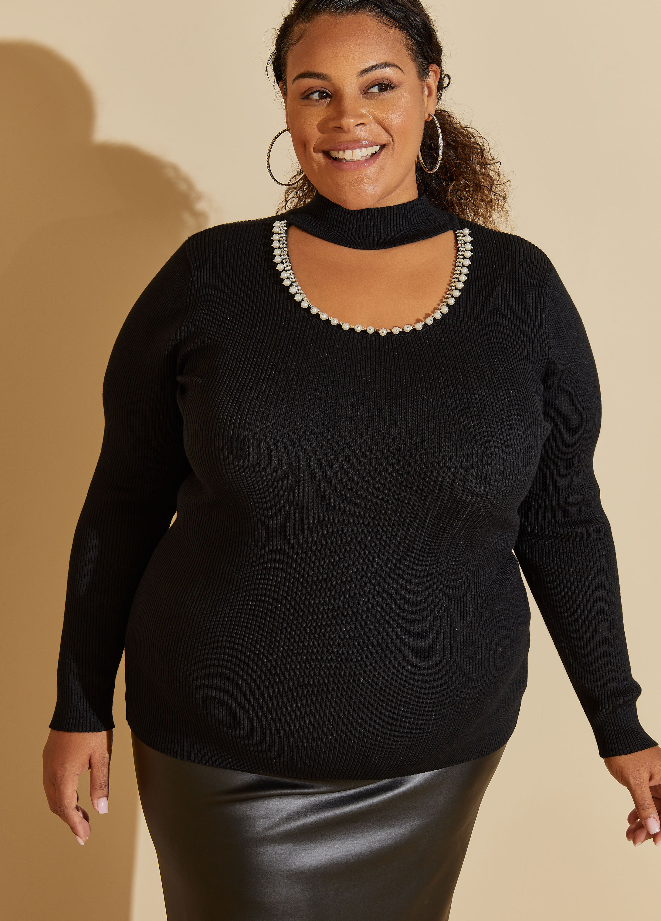 Plus Size Embellished Cutout Ribbed Sweater, BLACK, 18/20 - Ashley Stewart