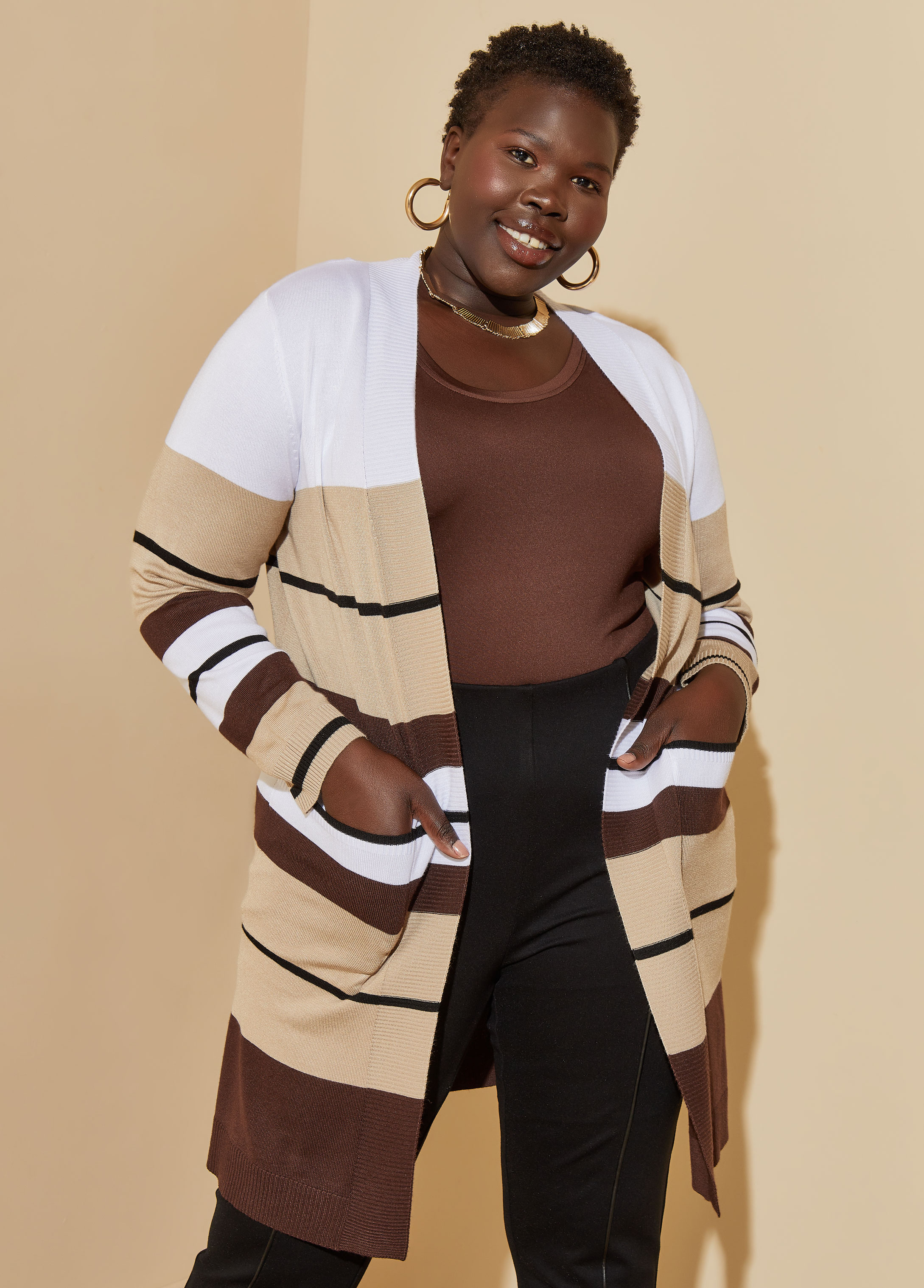 Plus Size Open Front Striped Cardigan, BEIGE, 14/16 - Ashley Stewart