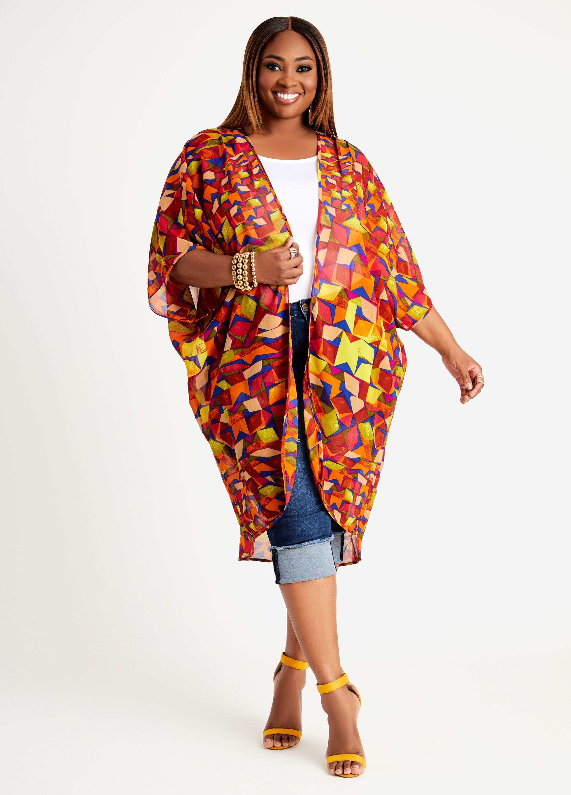 Plus Size Kimono Printed Duster Layer Jacket