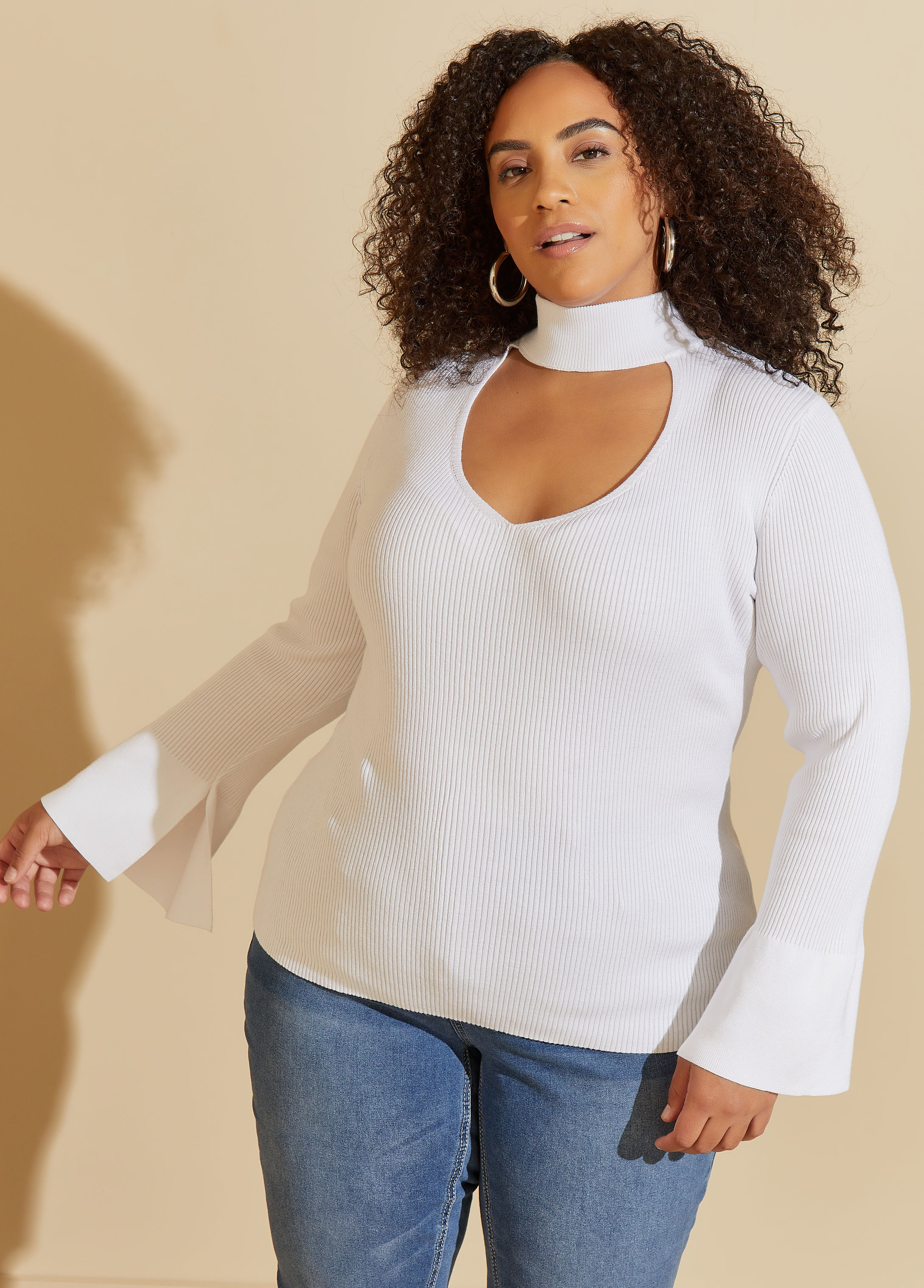 Plus Size Bell Sleeved Cutout Sweater, WHITE, 1X - Ashley Stewart