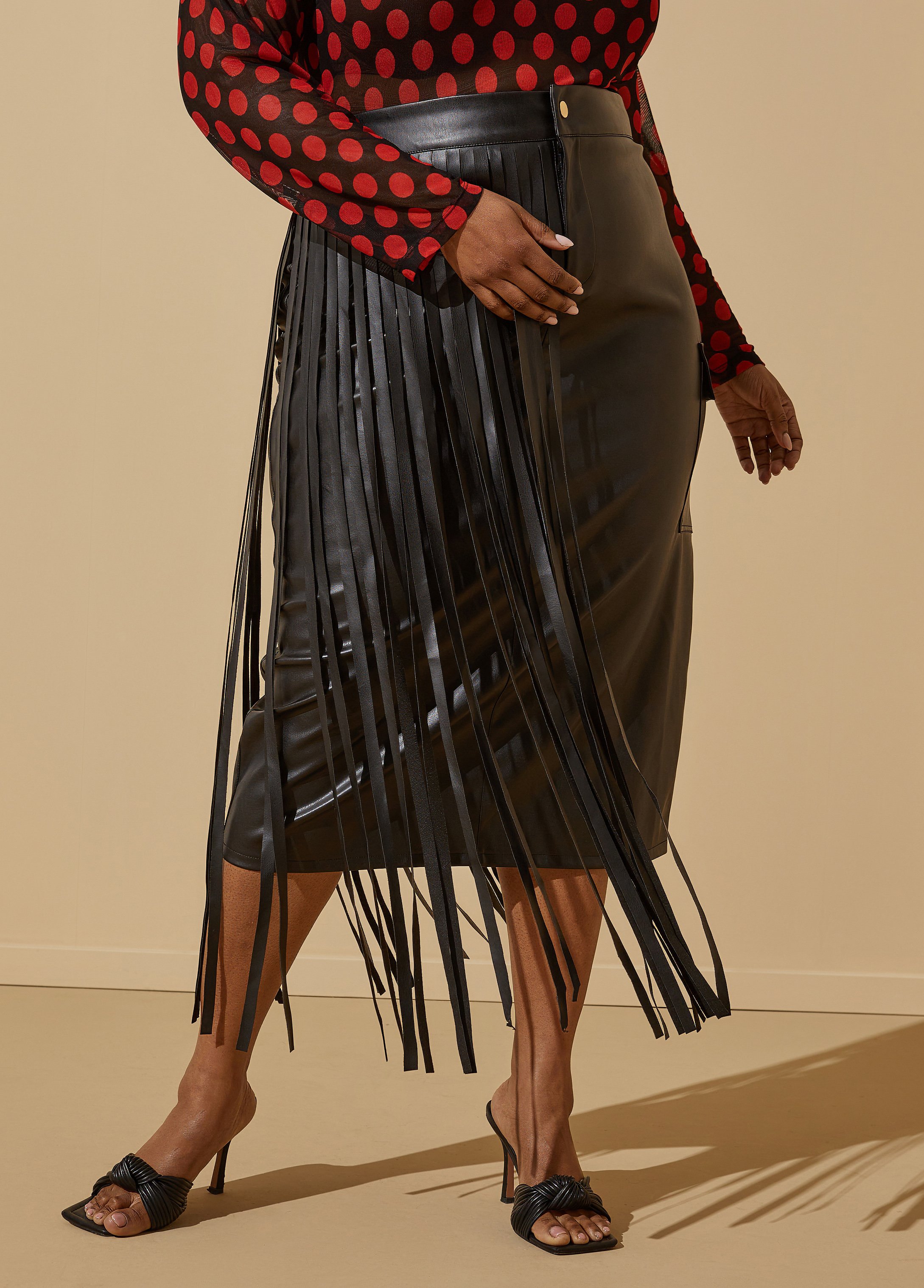 Plus Size Fringed Faux Leather Midi Skirt, BLACK, 26 - Ashley Stewart