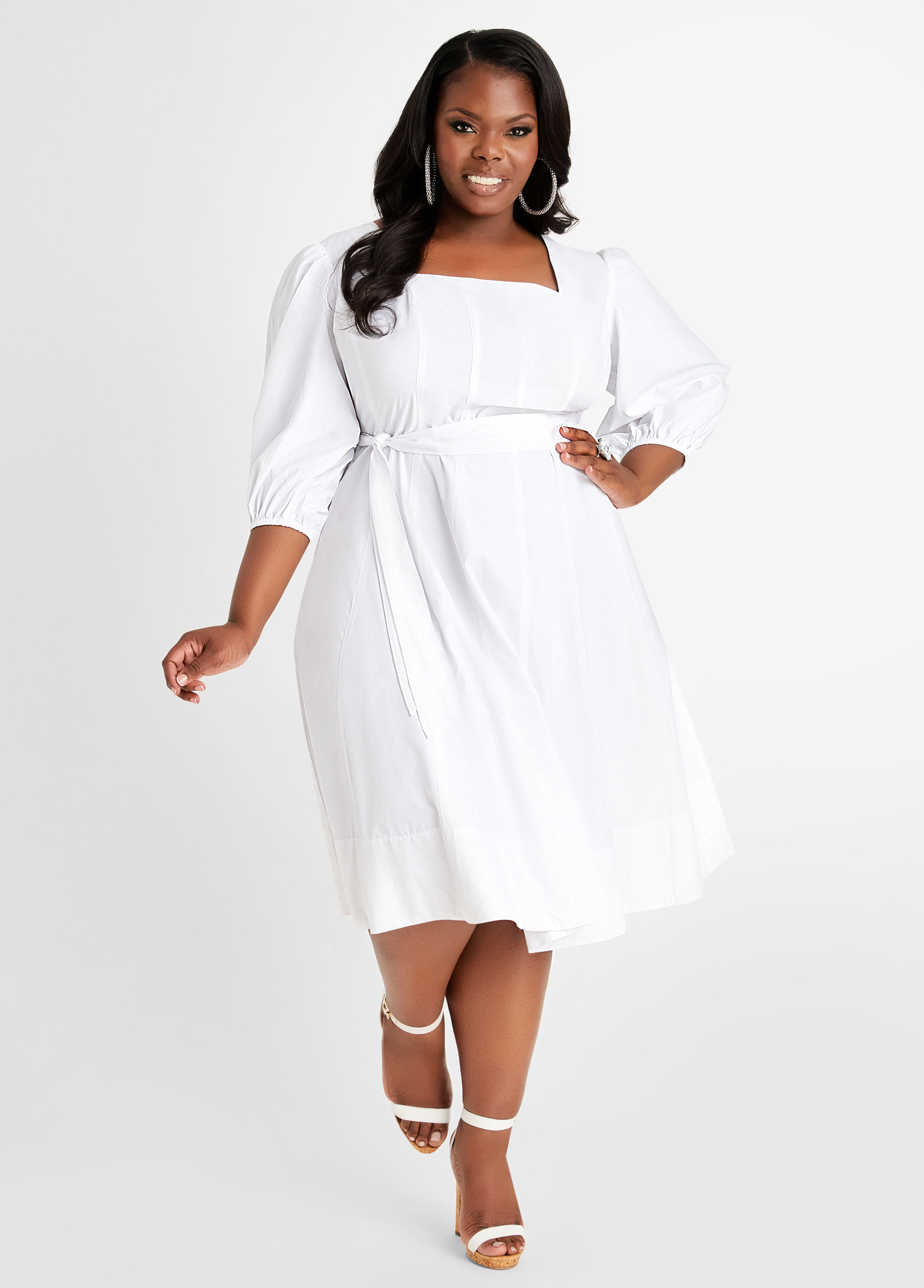Plus Size Cotton Fit n Flare Dress, WHITE, 36 - Ashley Stewart