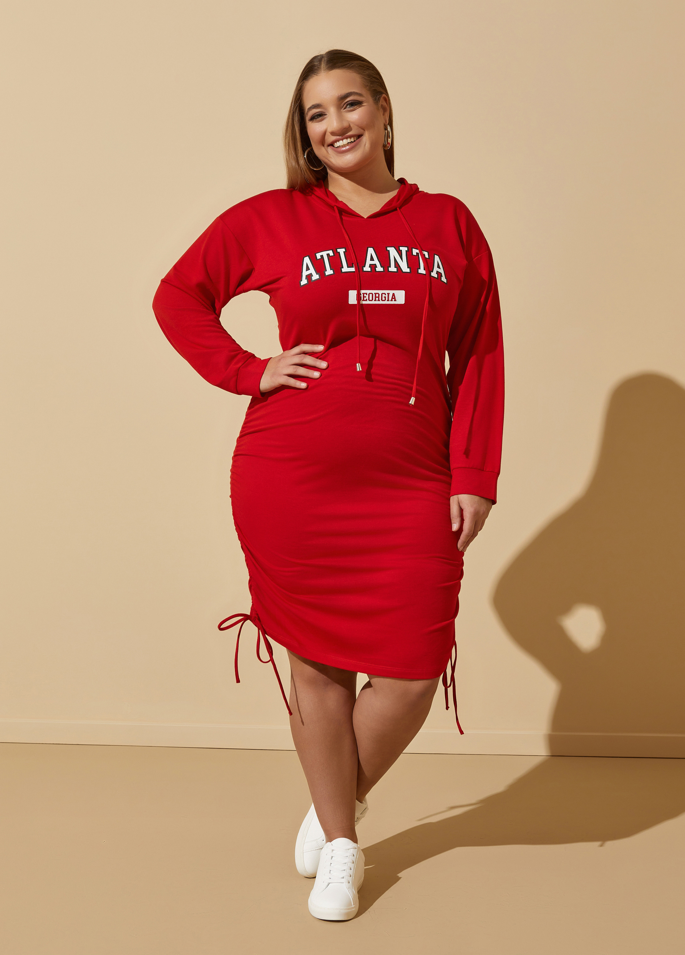 Plus Size Atlanta Ruched Hoodie Dress, RED, 14/16 - Ashley Stewart