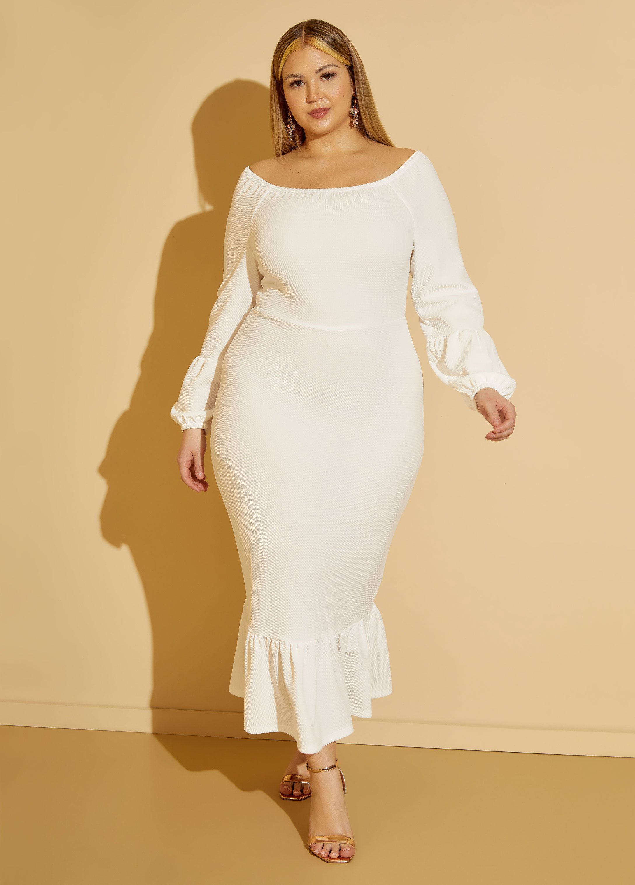 Plus Size Flounced Sheath Midaxi Dress, WHITE, 30/32 - Ashley Stewart