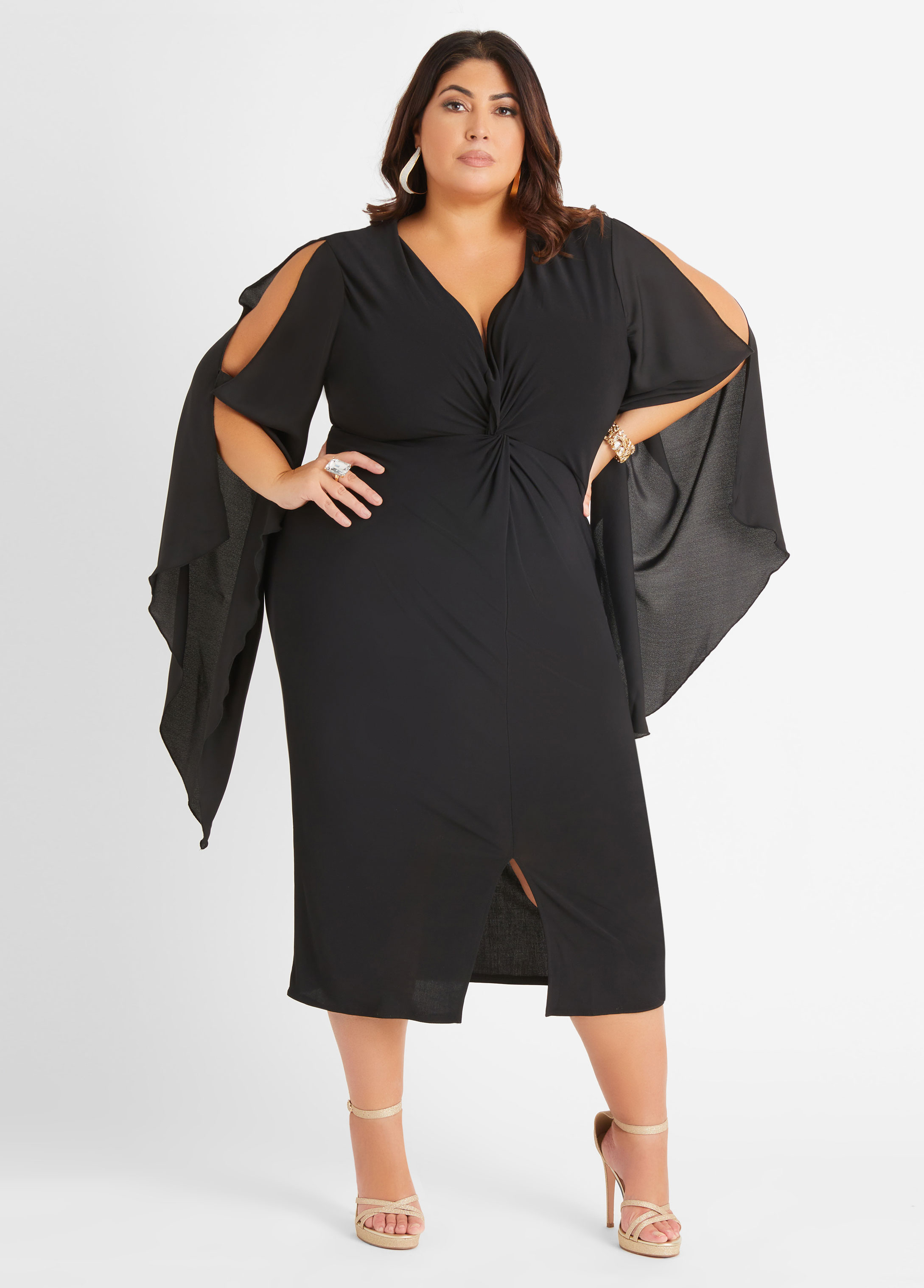Plus Size Stretch Knit Drama Sleeve Dress, BLACK, 14/16 - Ashley Stewart