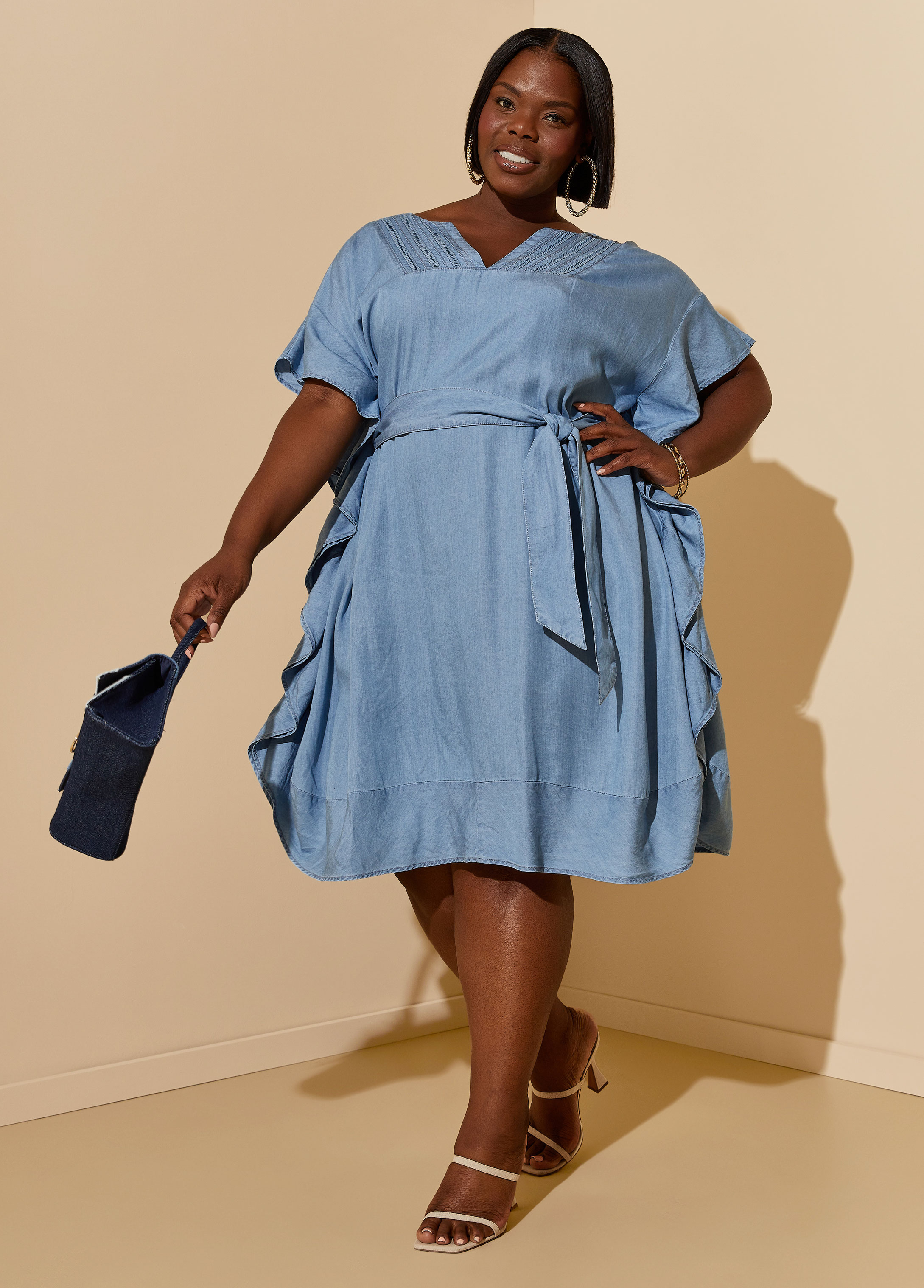 Plus Size Ruffled Chambray Dress, BLUE, 30/32 - Ashley Stewart