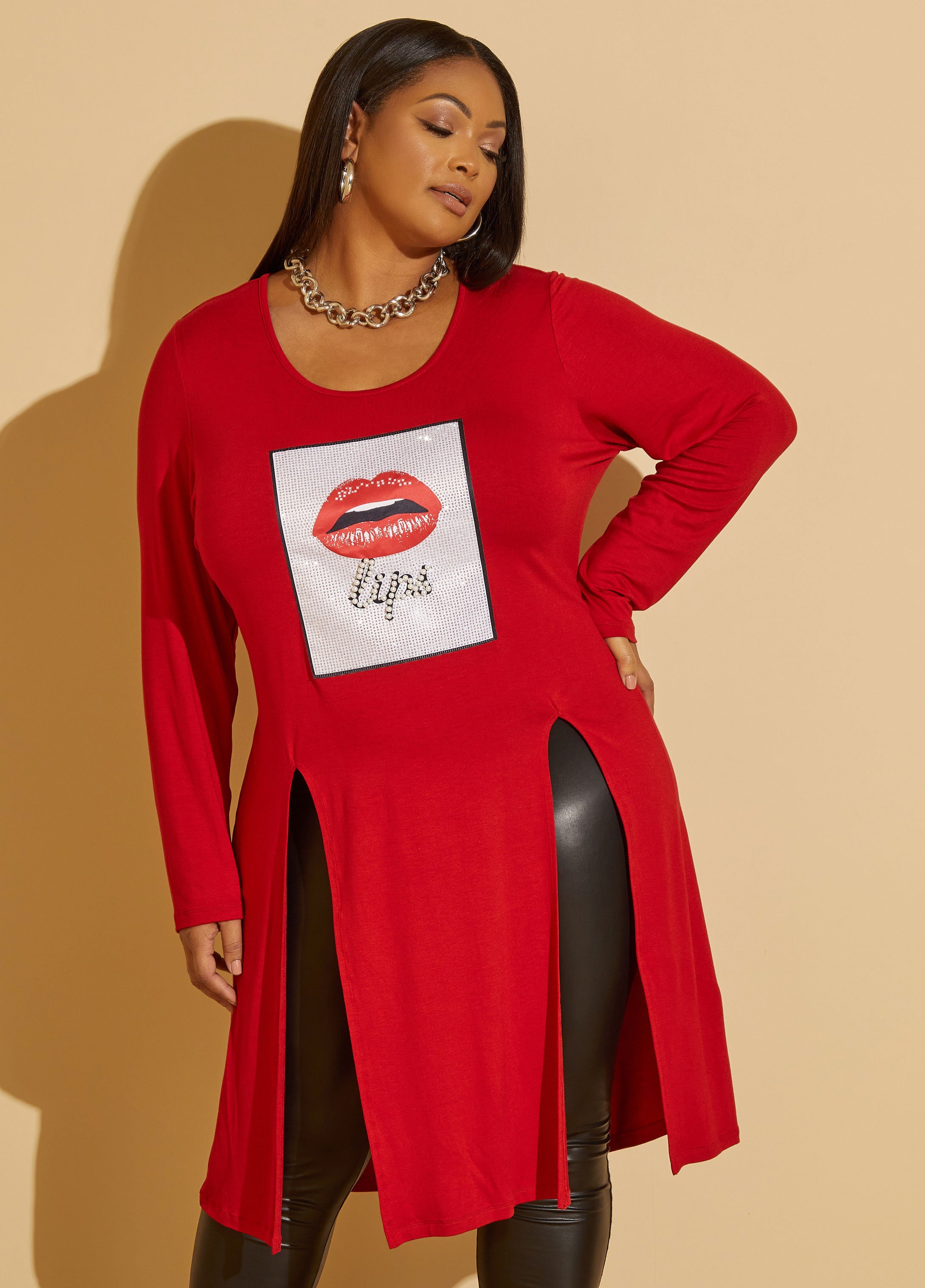 Plus Size Lips Embellished Graphic Duster Tee, RED, 10/12 - Ashley Stewart