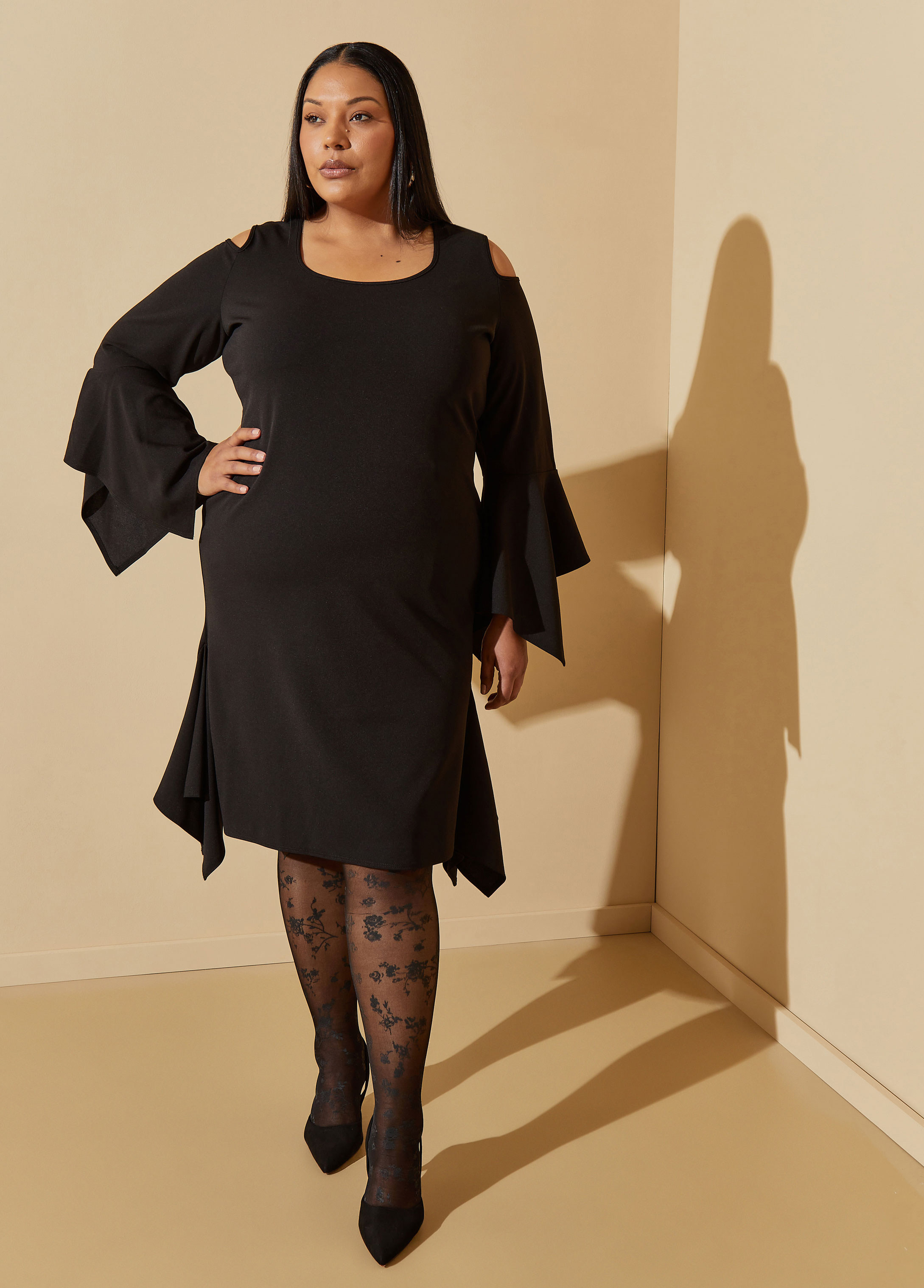 Plus Size Draped Cold Shoulder Sheath Dress, BLACK, 34/36 - Ashley Stewart