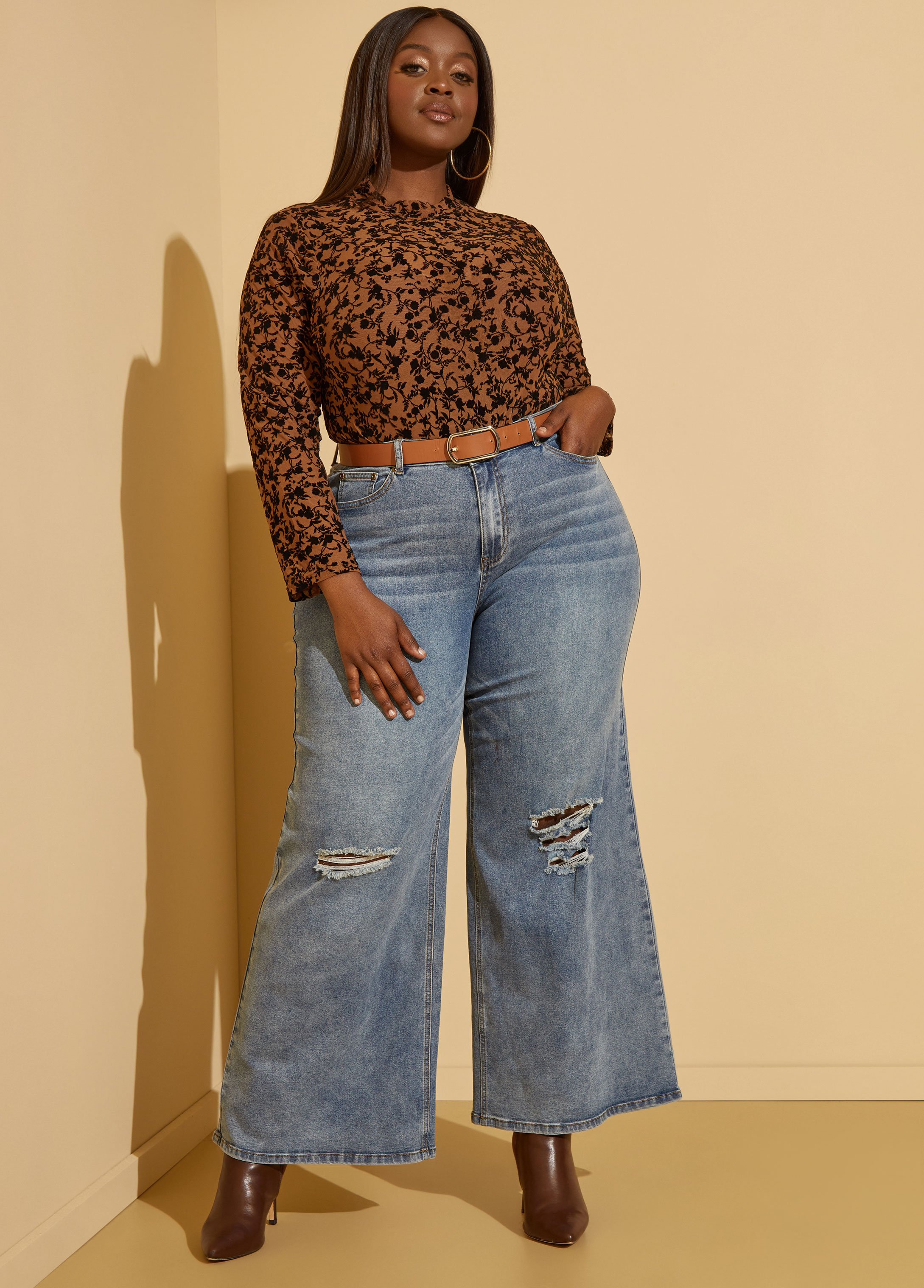 Distressed High Rise Wide Leg Jeans