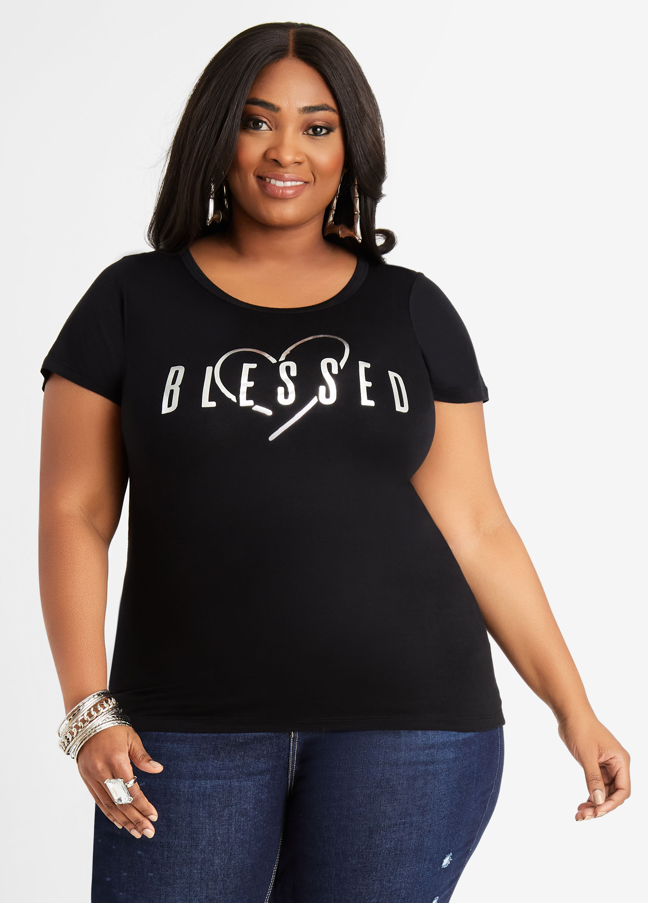 Plus Size Metallic Graphic Tees Plus Size Blessed Screen T Shirts