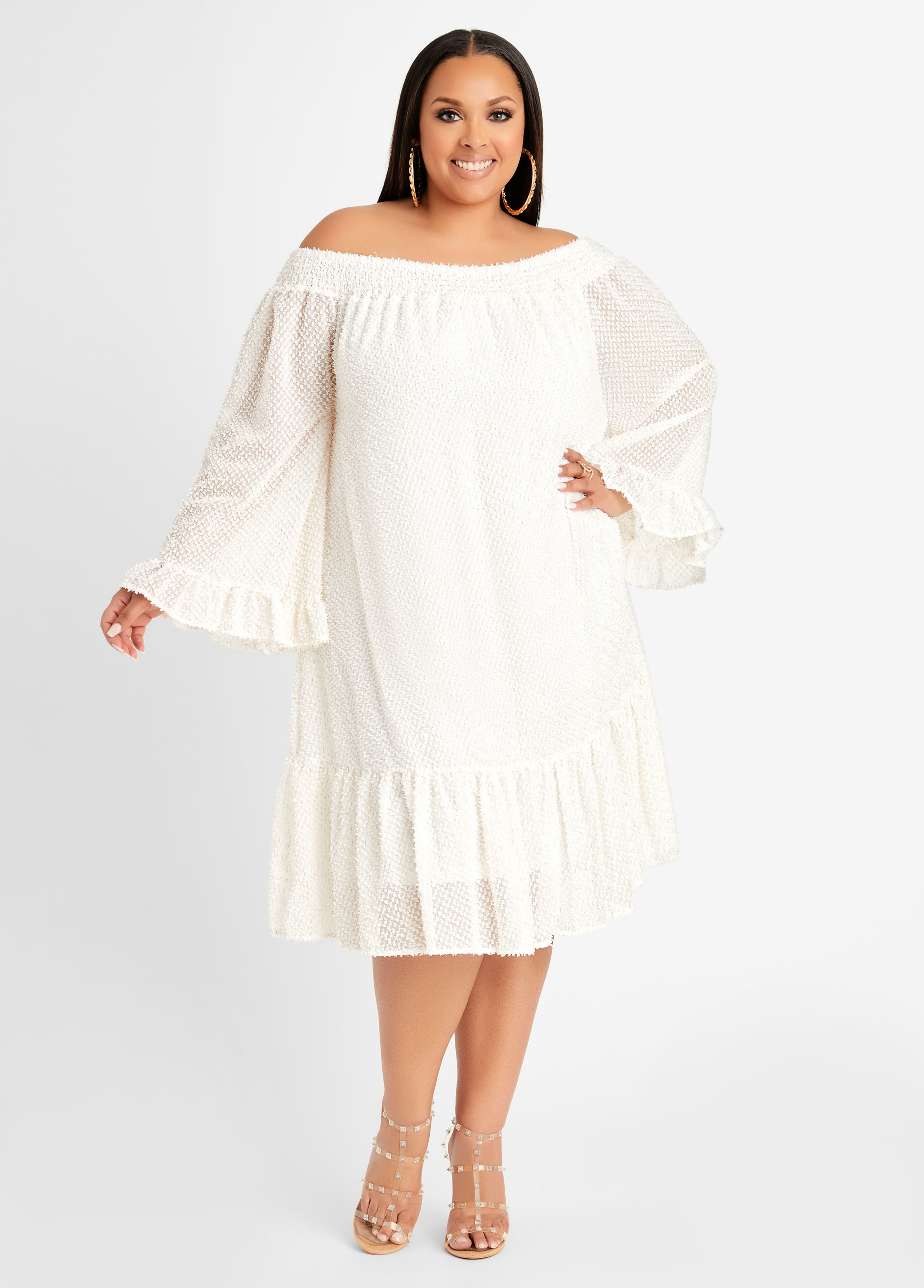 Plus Size Textured Off The Shoulder Dress, WHITE, 26/28 - Ashley Stewart