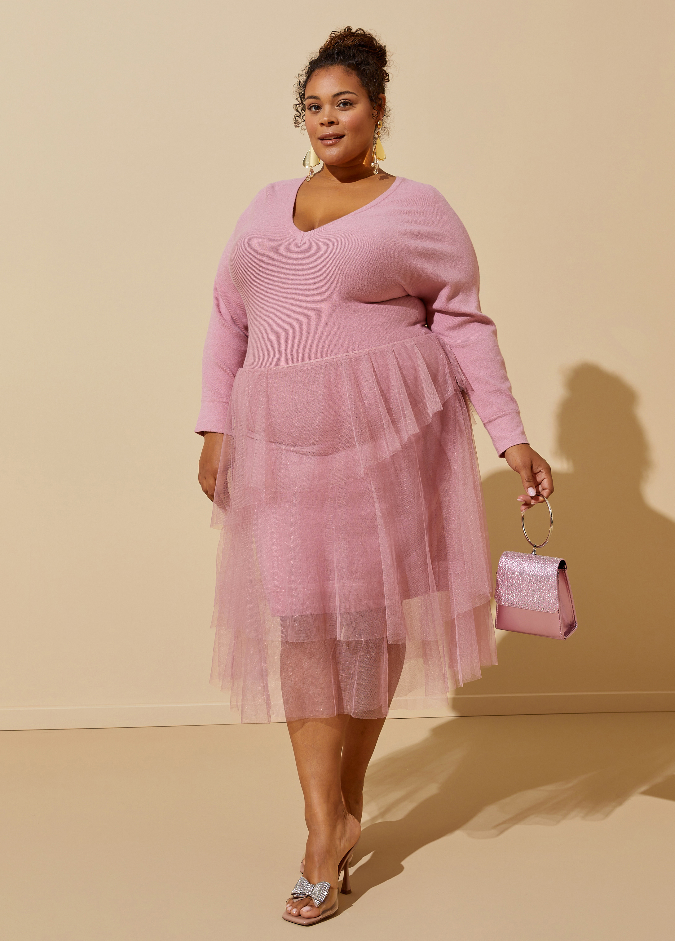 Plus Size Tiered Tulle Skirt Sweater Dress, PINK, 22/24 - Ashley Stewart