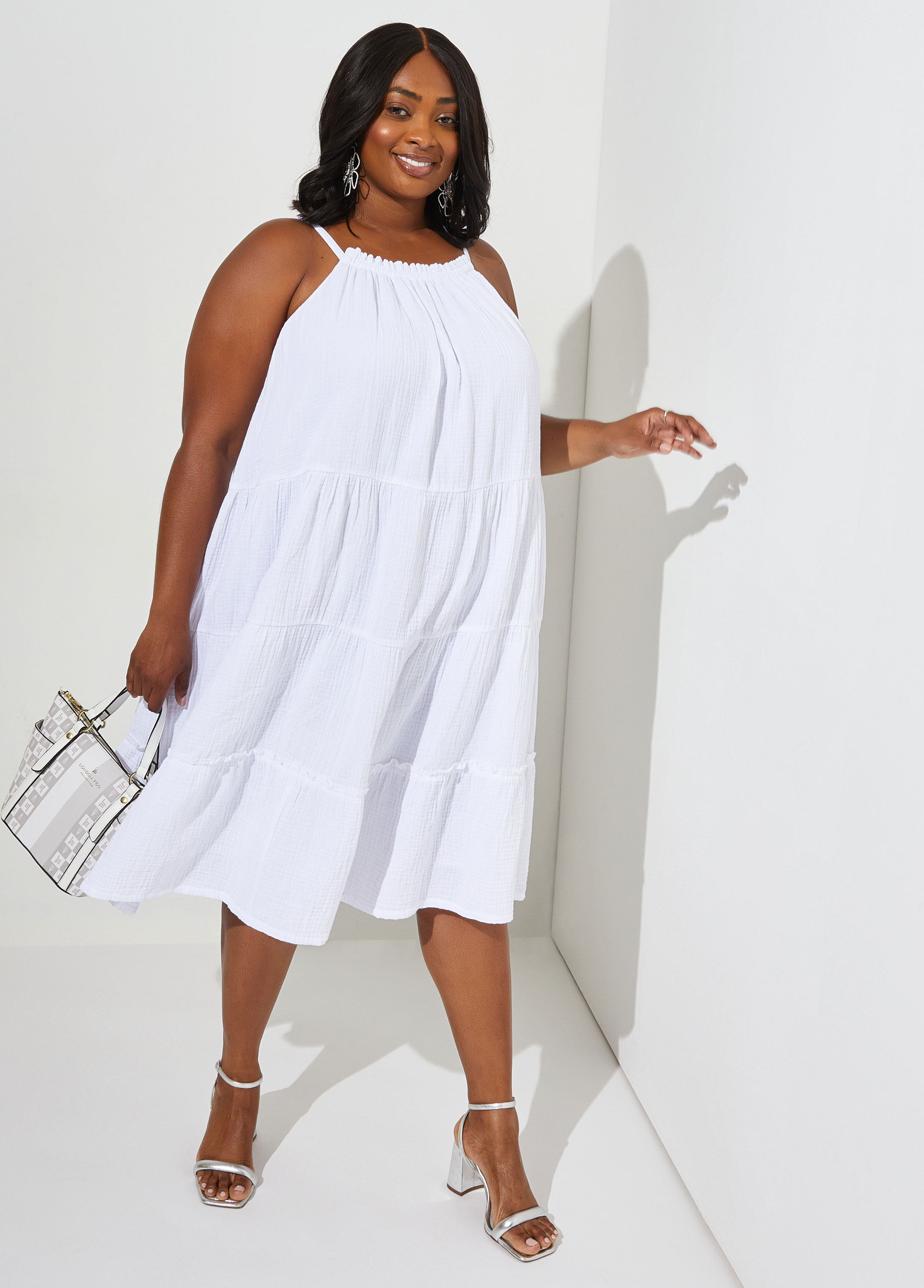 Plus Size Textured Cotton Gauze Dress, WHITE, 26/28 - Ashley Stewart
