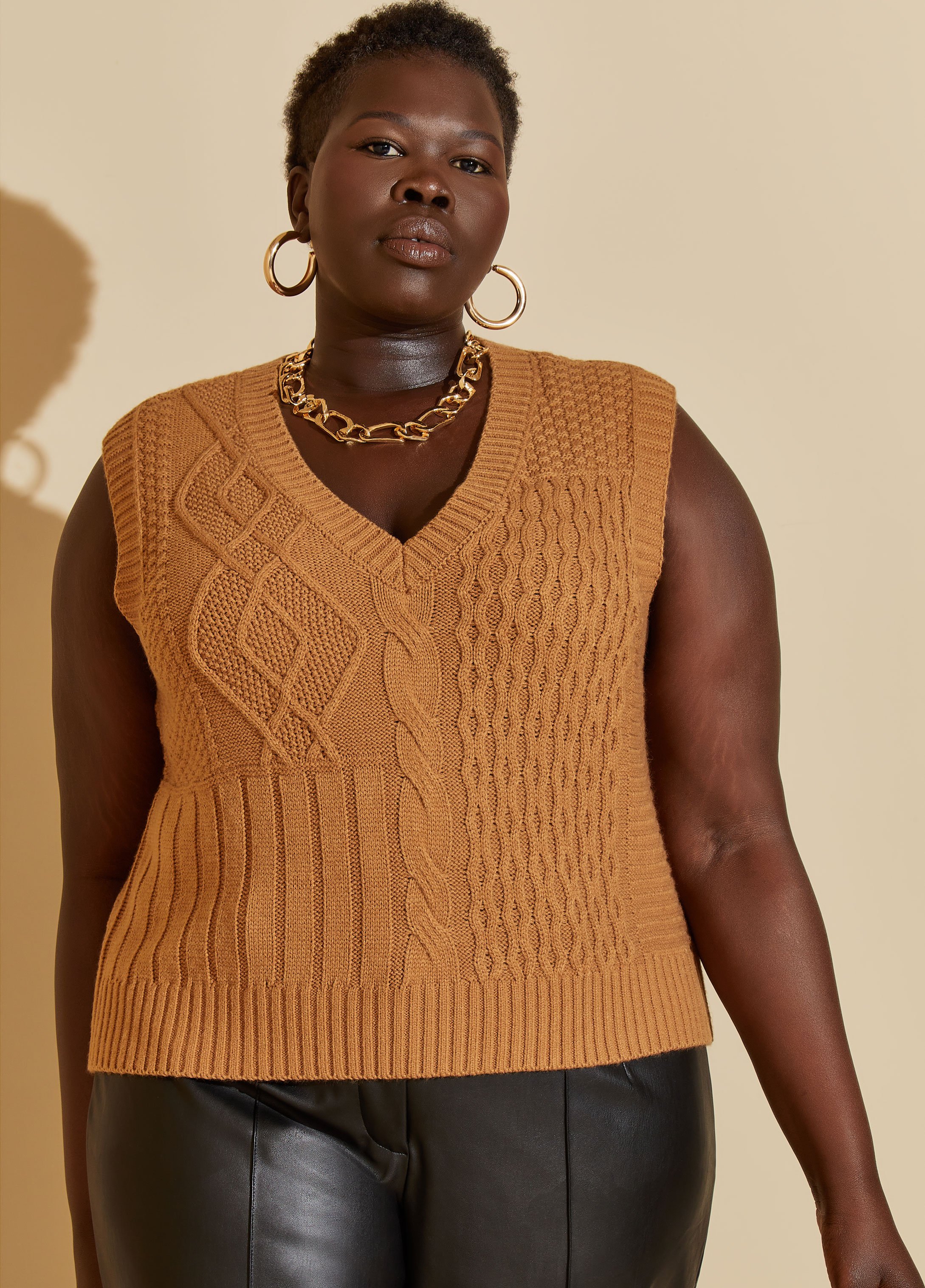 Plus Size Cable Knit Sweater Vest, , 1X - Ashley Stewart