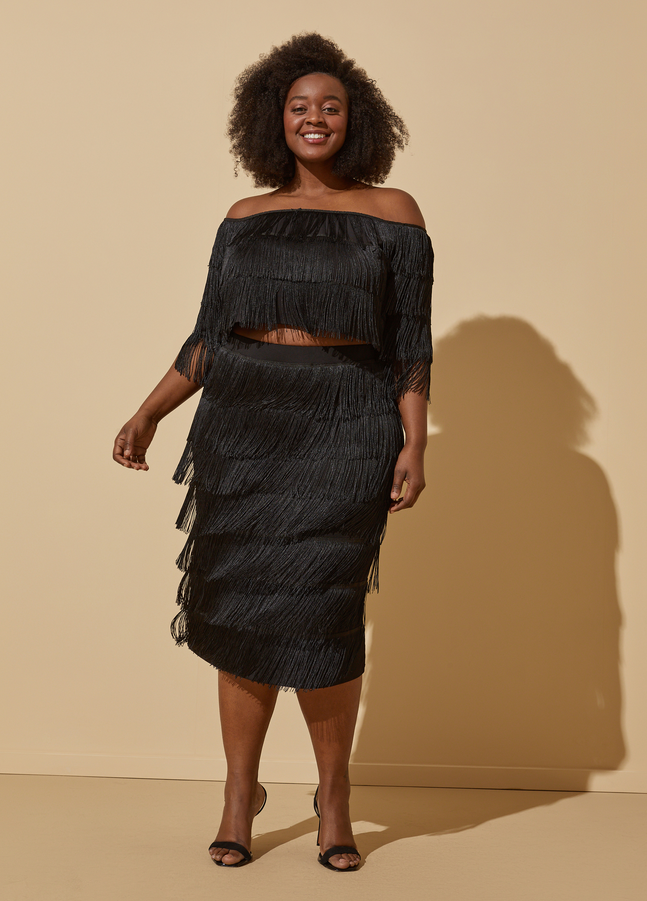 Plus Size Fringed Midi Skirt, BLACK, 22/24 - Ashley Stewart