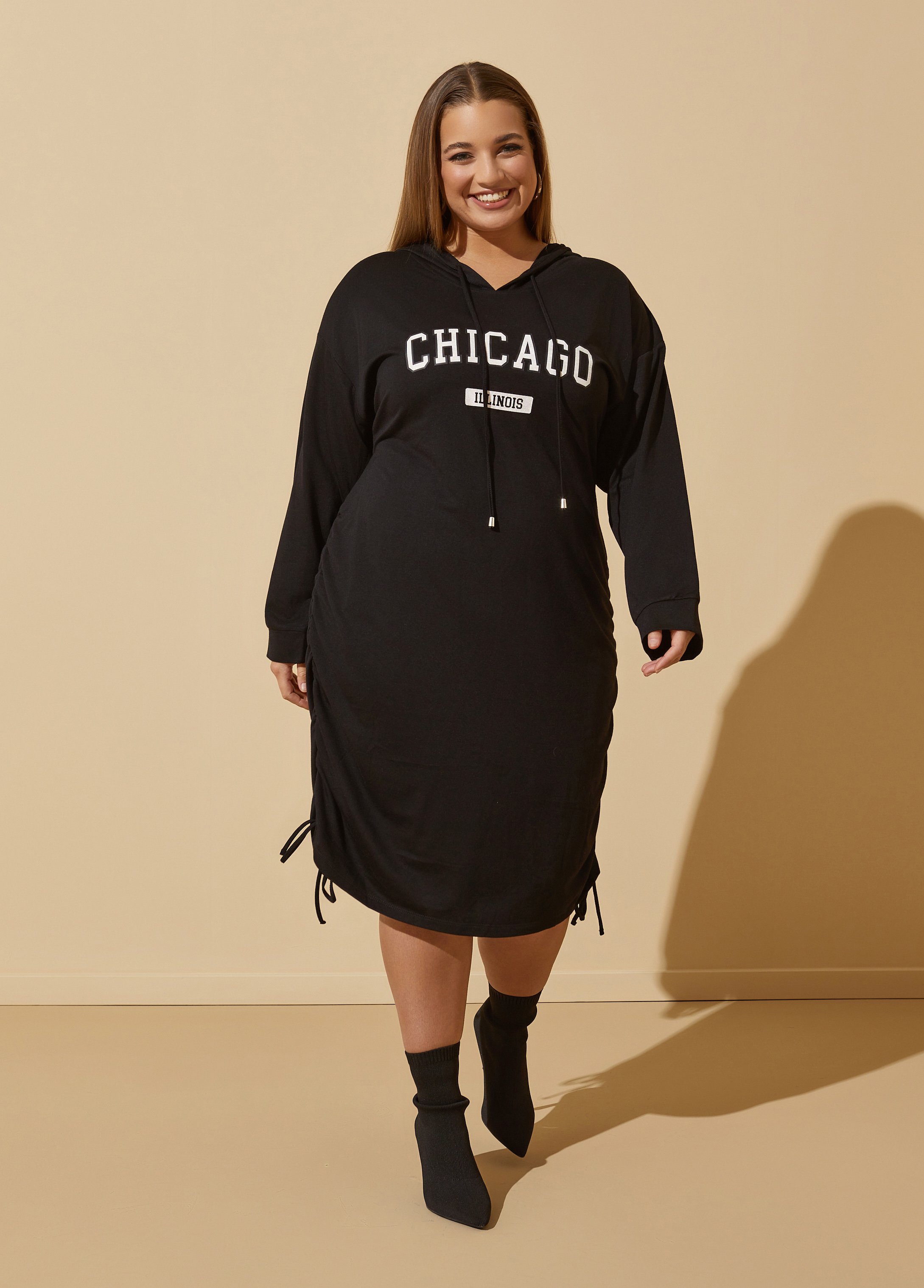 Plus Size Chicago Ruched Hoodie Dress, BLACK, 12 - Ashley Stewart