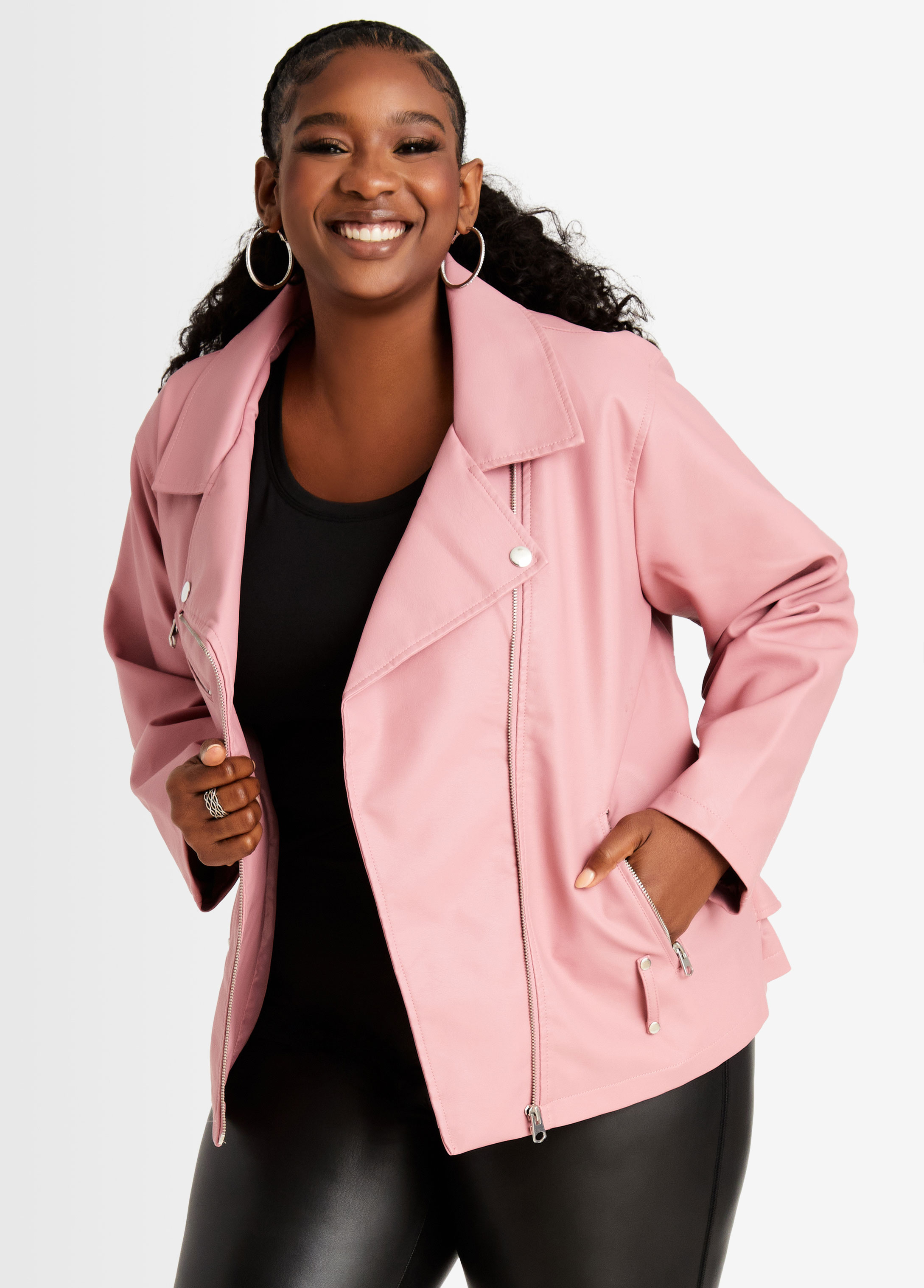 Plus Size Faux Leather Belted Crop Stretch Zip Jacket In