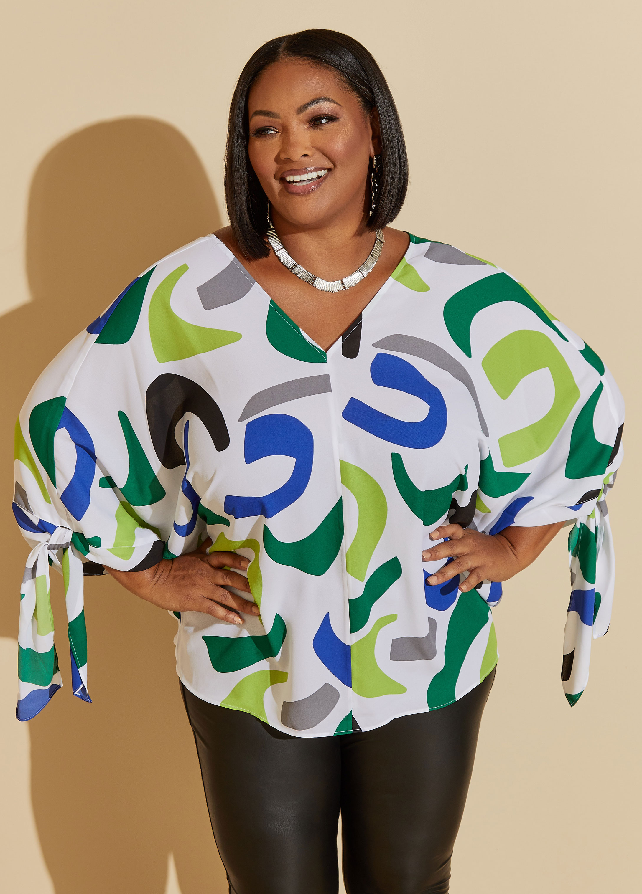 Plus Size Knotted Abstract Print Crepe Blouse, , 30/32 - Ashley Stewart
