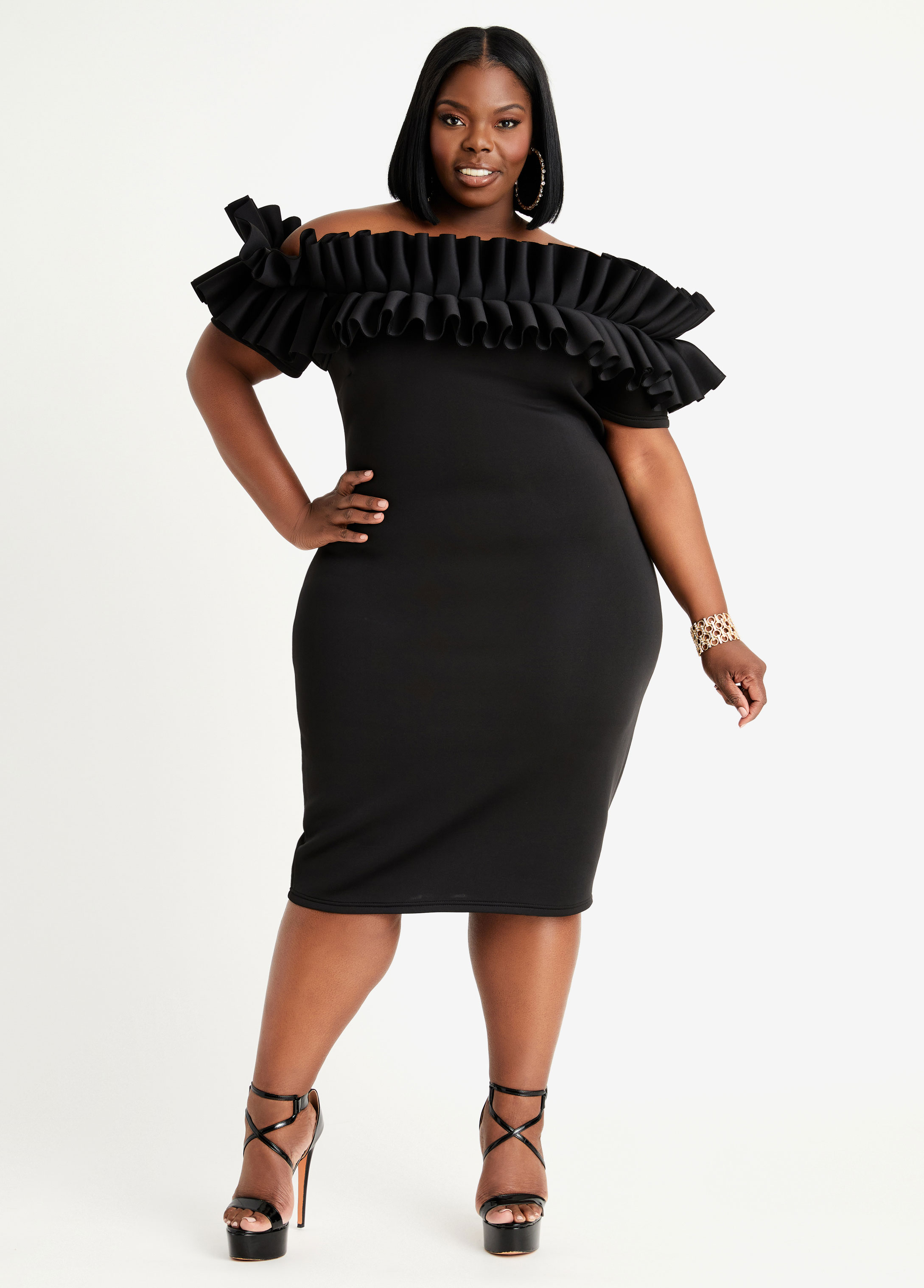 Plus Size Ruffle Off Shoulder Neoprene Dress, BLACK, 30/32 - Ashley Stewart