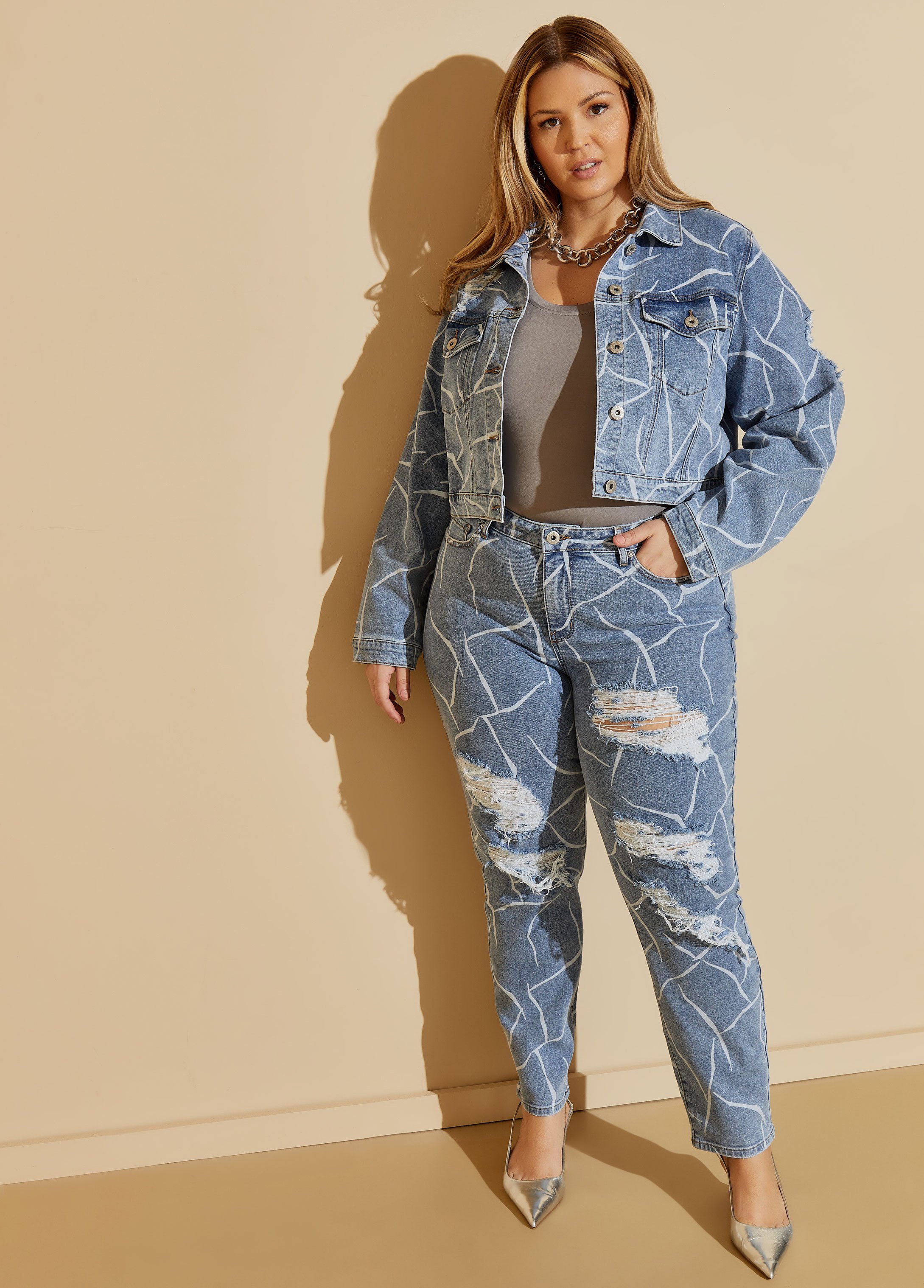 Plus Size Distressed Printed Mom Jeans, BLUE, 22 - Ashley Stewart