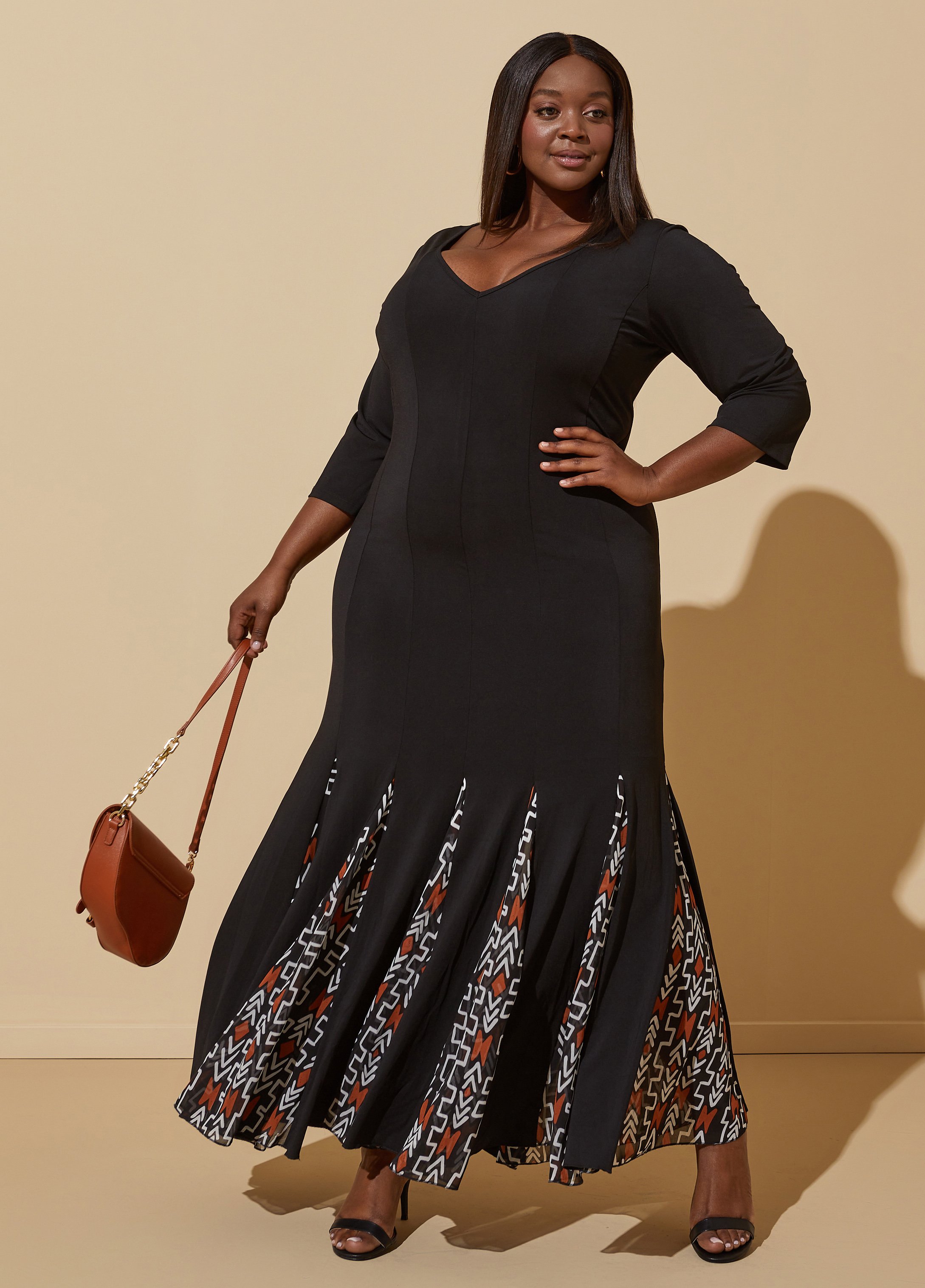 Plus Size Printed Paneled Maxi Dress, BLACK, 10 - Ashley Stewart