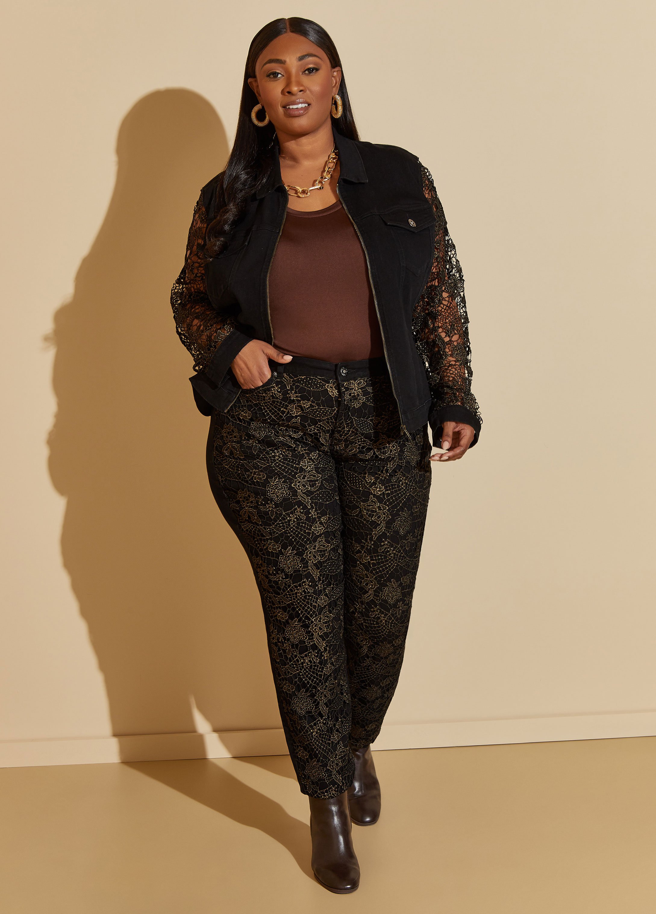 Plus Size Metallic Lace Paneled Skinny Jeans, BLACK, 22 - Ashley Stewart