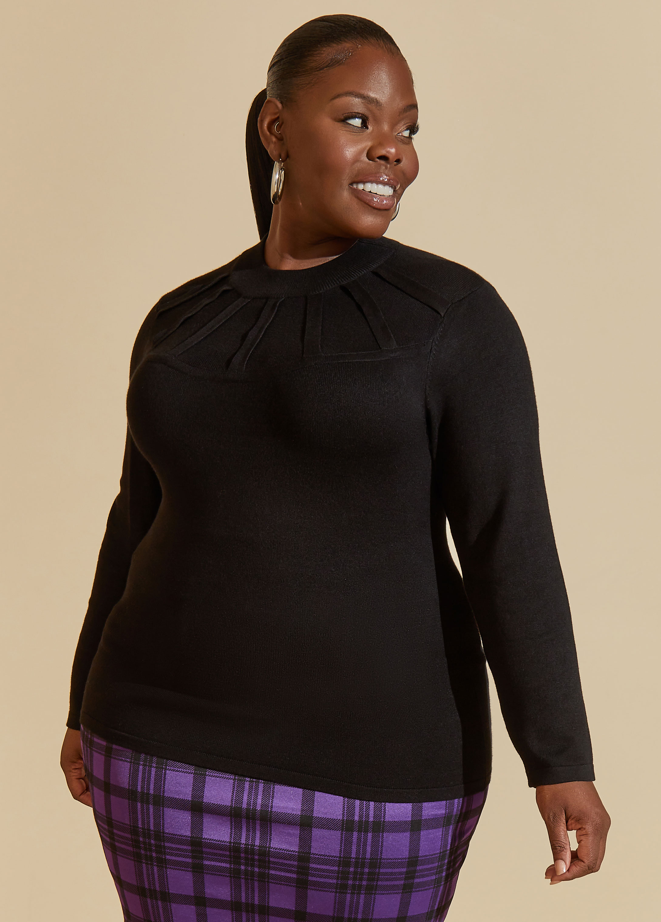 Plus Size Cage Detailed Sweater, BLACK, 14/16 - Ashley Stewart