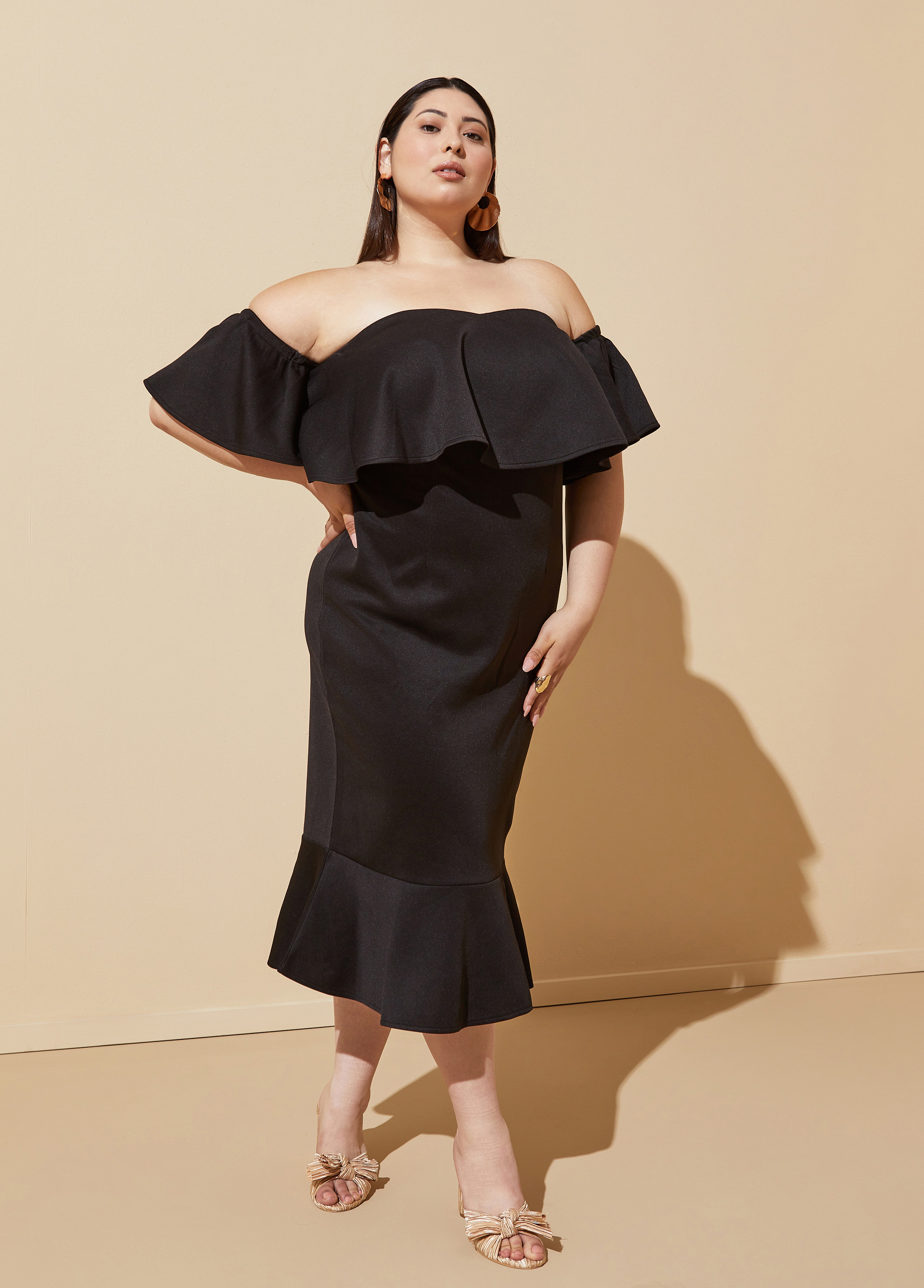 Plus Size Off The Shoulder Flounced Dress, BLACK, 34/36 - Ashley Stewart