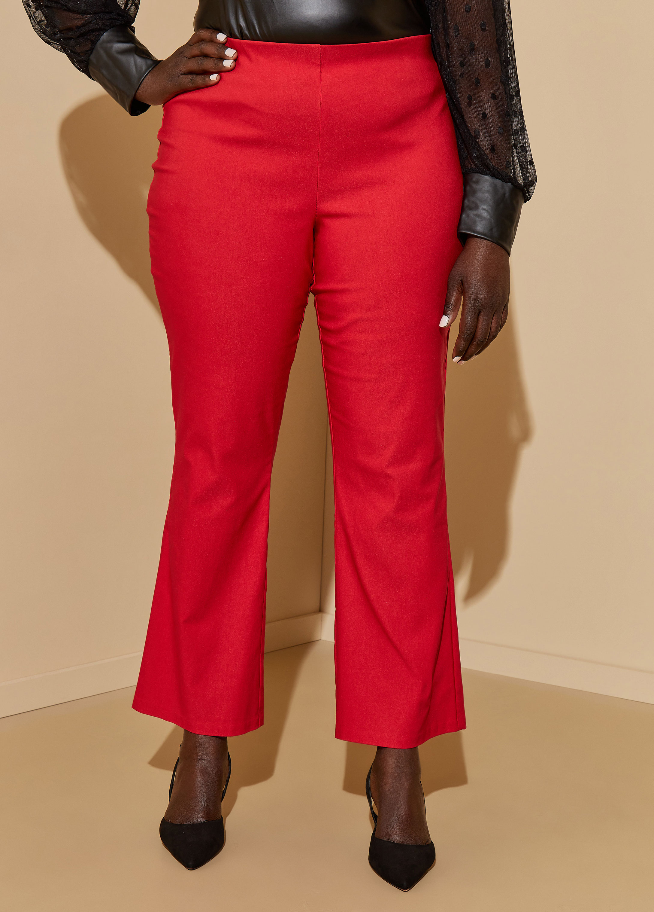 Plus Size Pull On Straight Leg Trousers, RED, 10/12 - Ashley Stewart