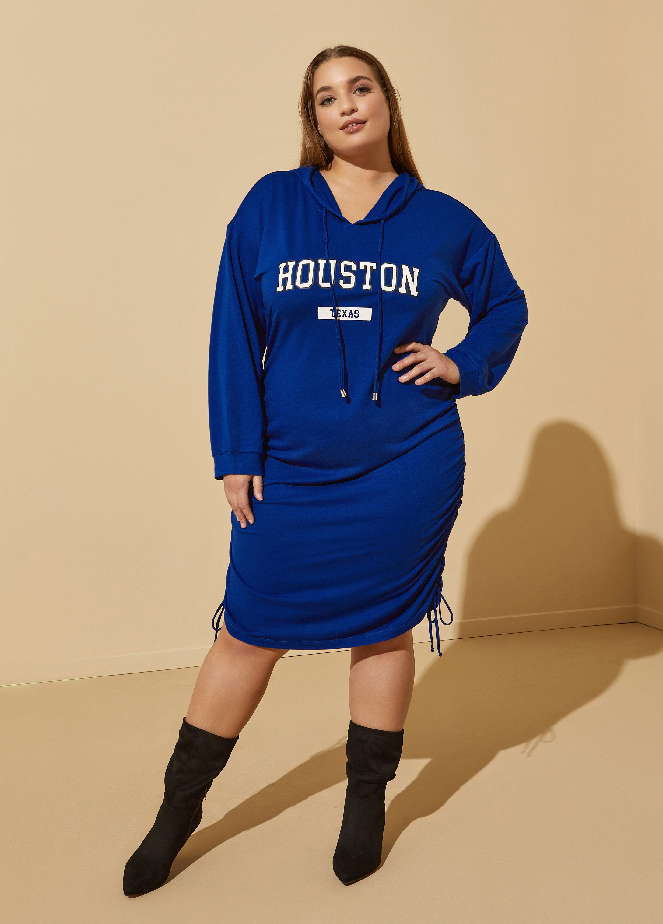 Plus Size Houston Ruched Hoodie Dress, BLUE, 10 - Ashley Stewart