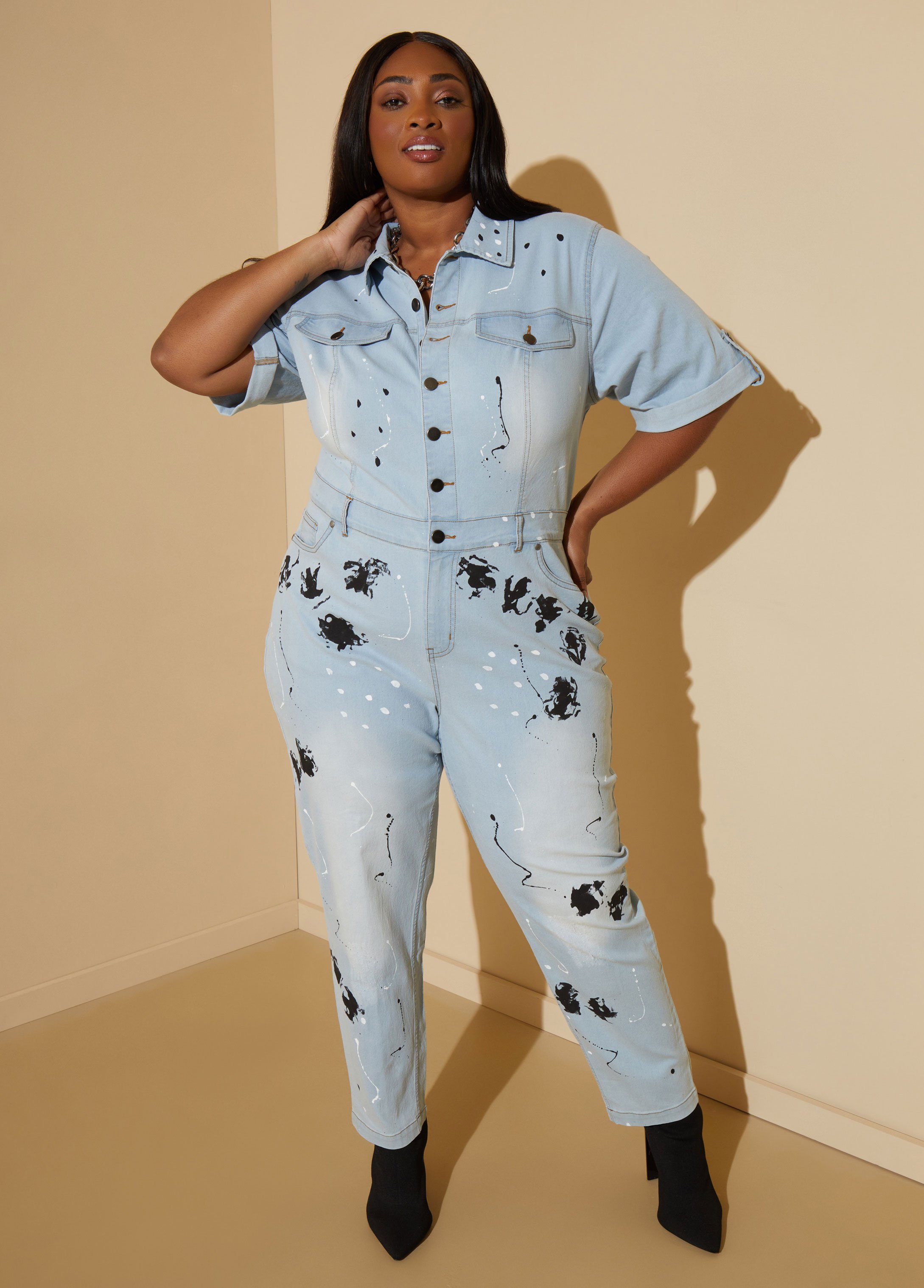 Plus Size Splatter Paint Denim Jumpsuit, BLUE, 22 - Ashley Stewart