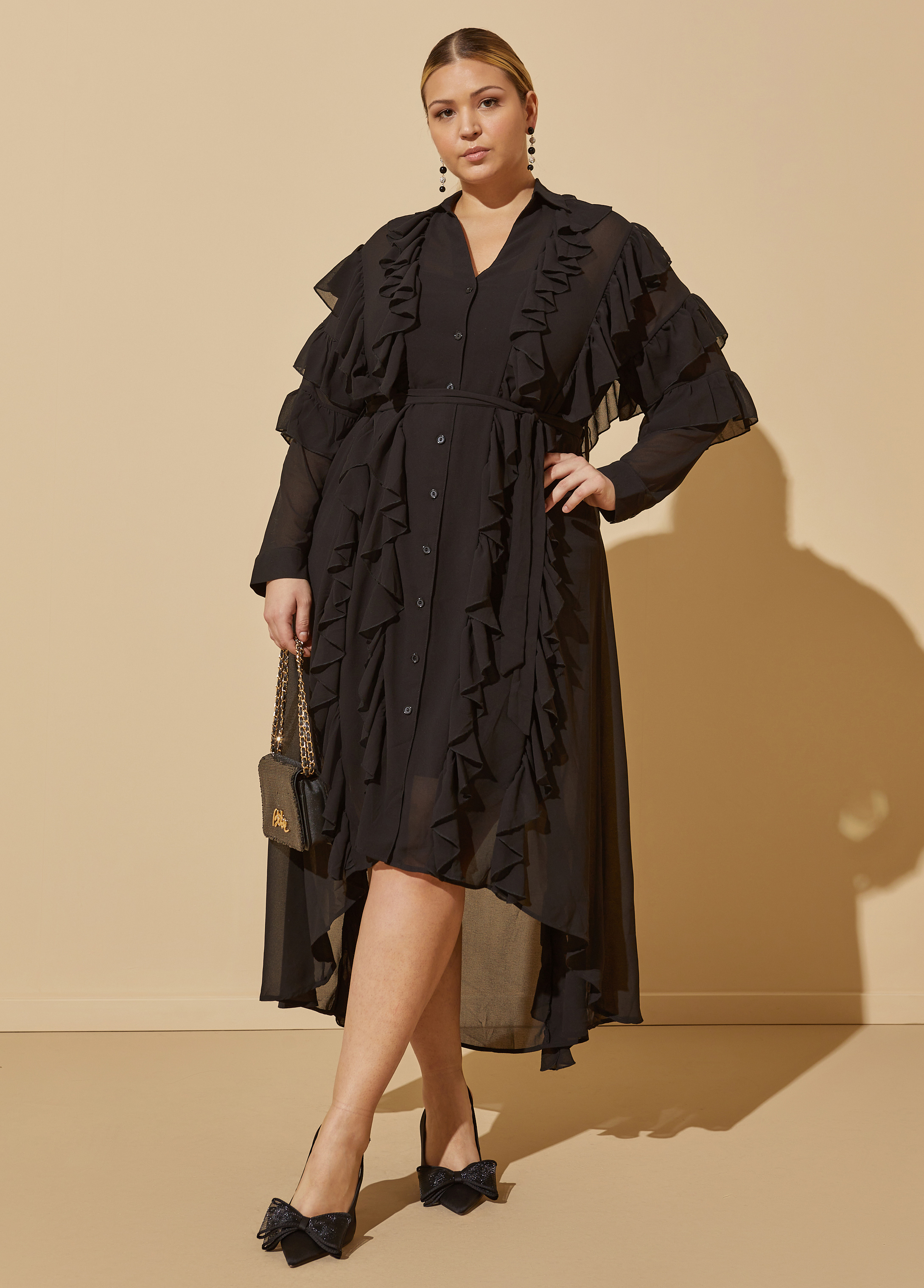 Plus Size Belted Ruffled Maxi Dress, BLACK, 18/20 - Ashley Stewart
