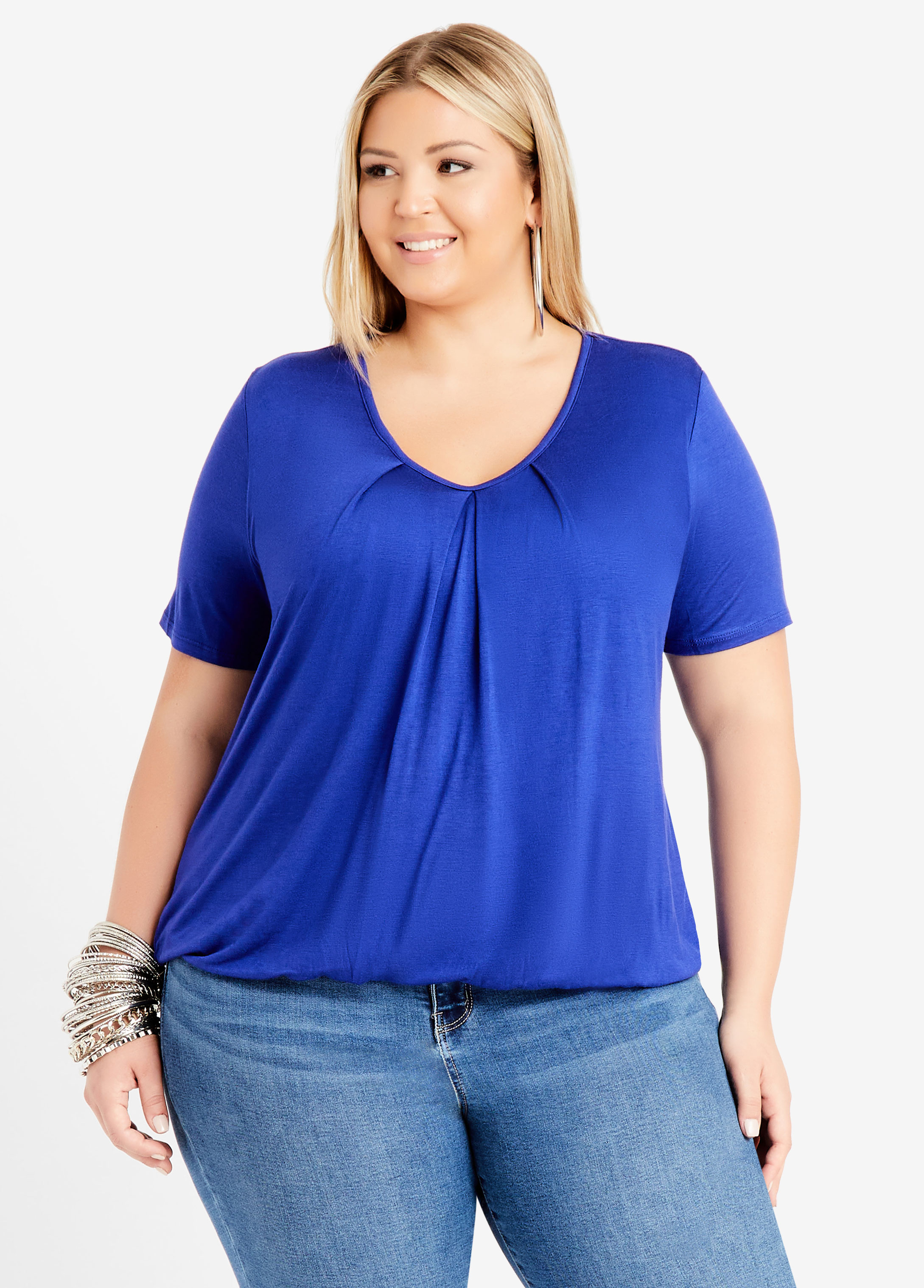Plus Size Knit Bubble Short Sleeve Pleated Knit Scoop Neck Top