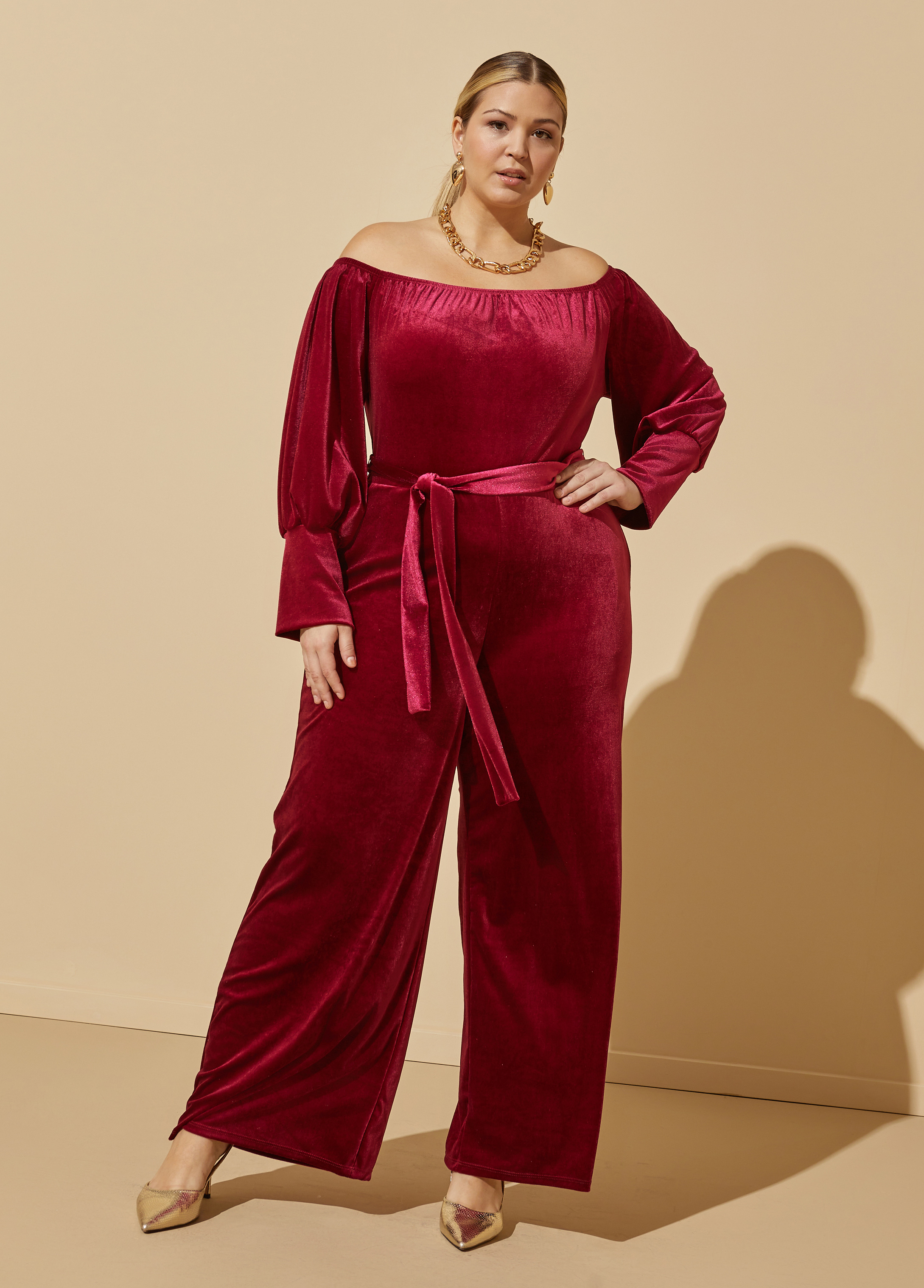 Plus Size Off The Shoulder Velvet Jumpsuit, RED, 30/32 - Ashley Stewart
