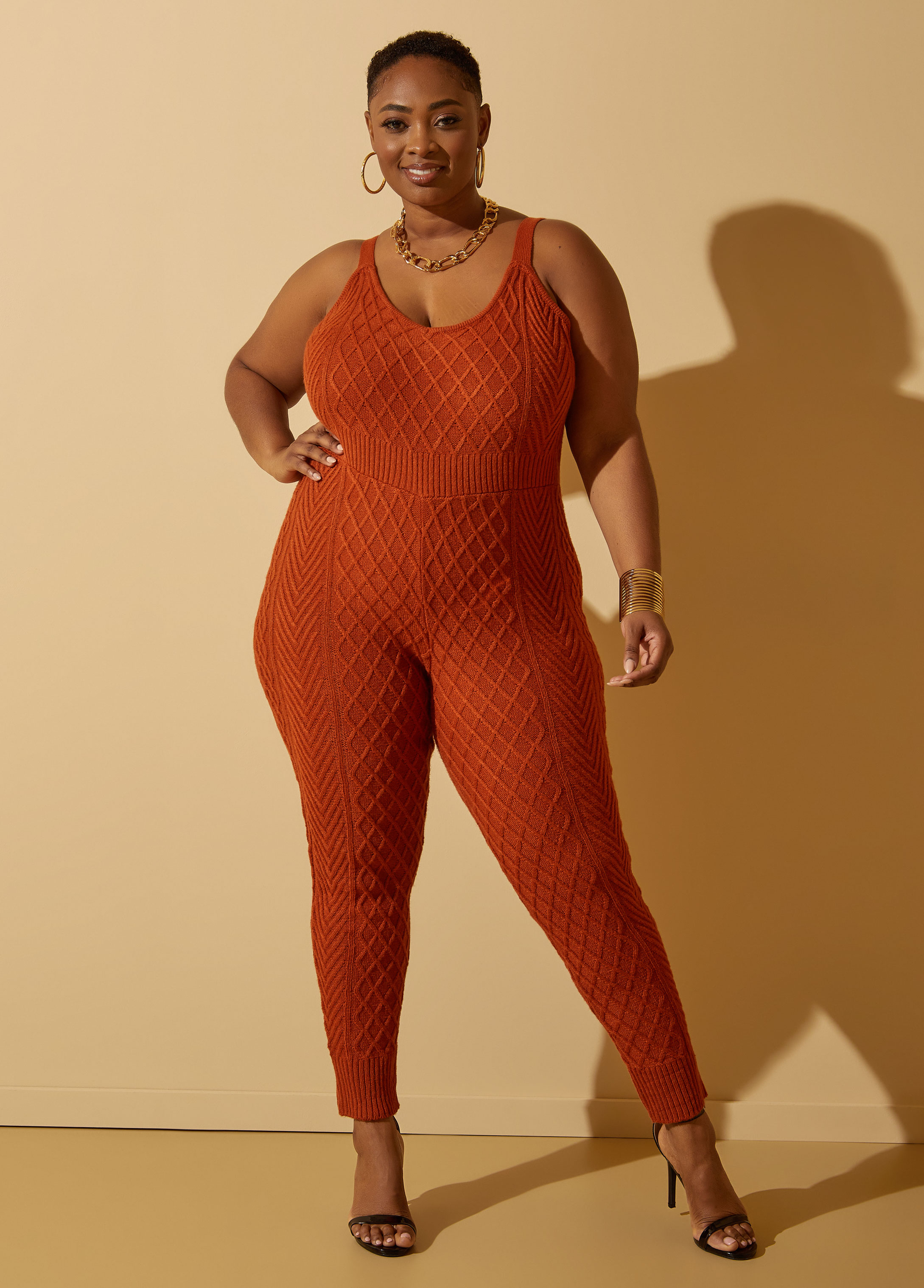 Plus Size Cable Knit Catsuit, BROWN, 22/24 - Ashley Stewart