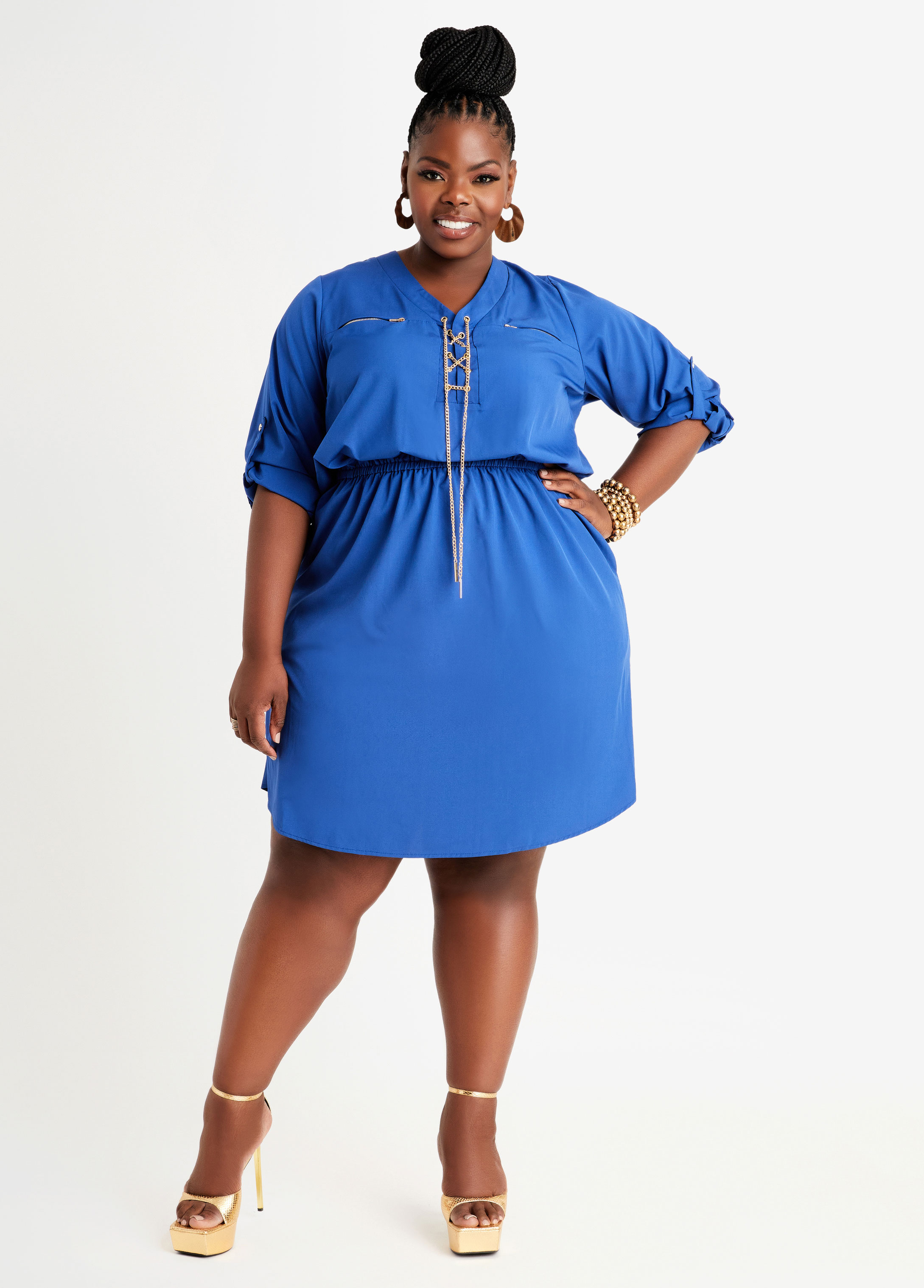 Plus Size Chain Trimmed Woven Shirtdress, BLUE, 18/20 - Ashley Stewart
