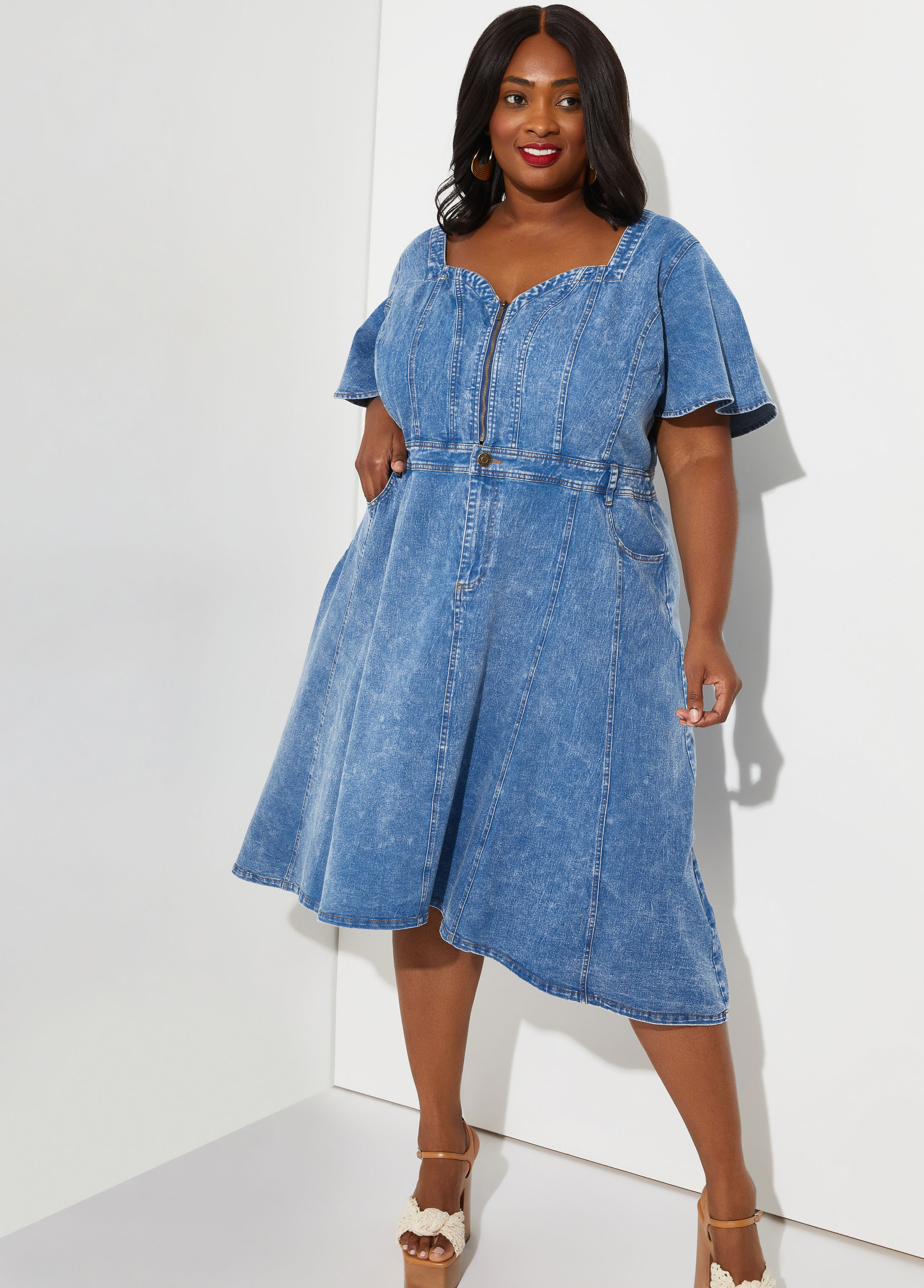 Plus Size Hi Low A Line Denim Dress, BLUE, 30 - Ashley Stewart